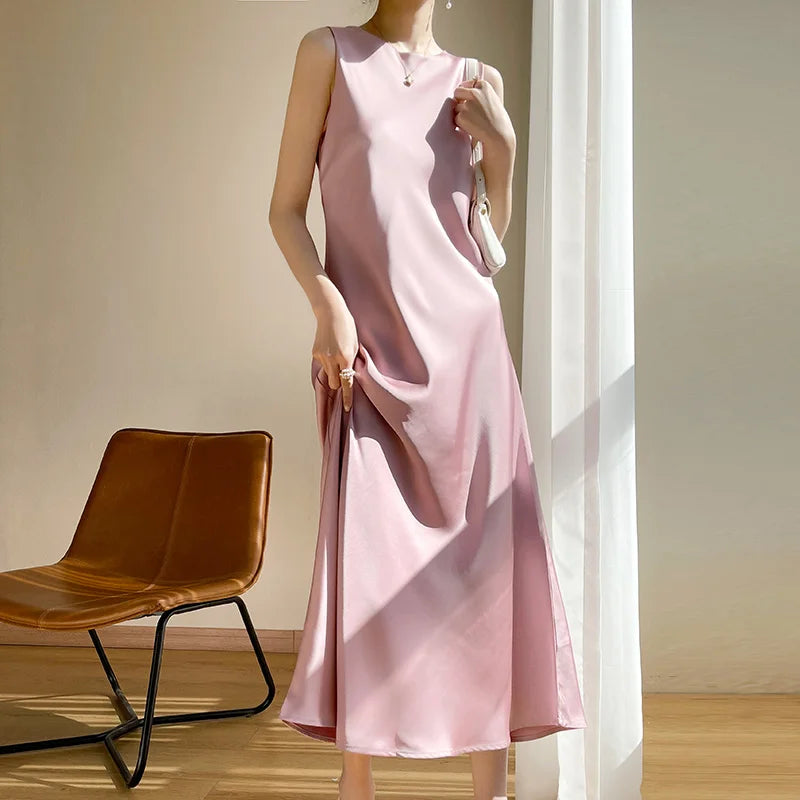 Light Luxury Acetate Satin Silk Sling Dress Female French Niche Slim Sexy V-neck Temperament Bottoming Dress Pink