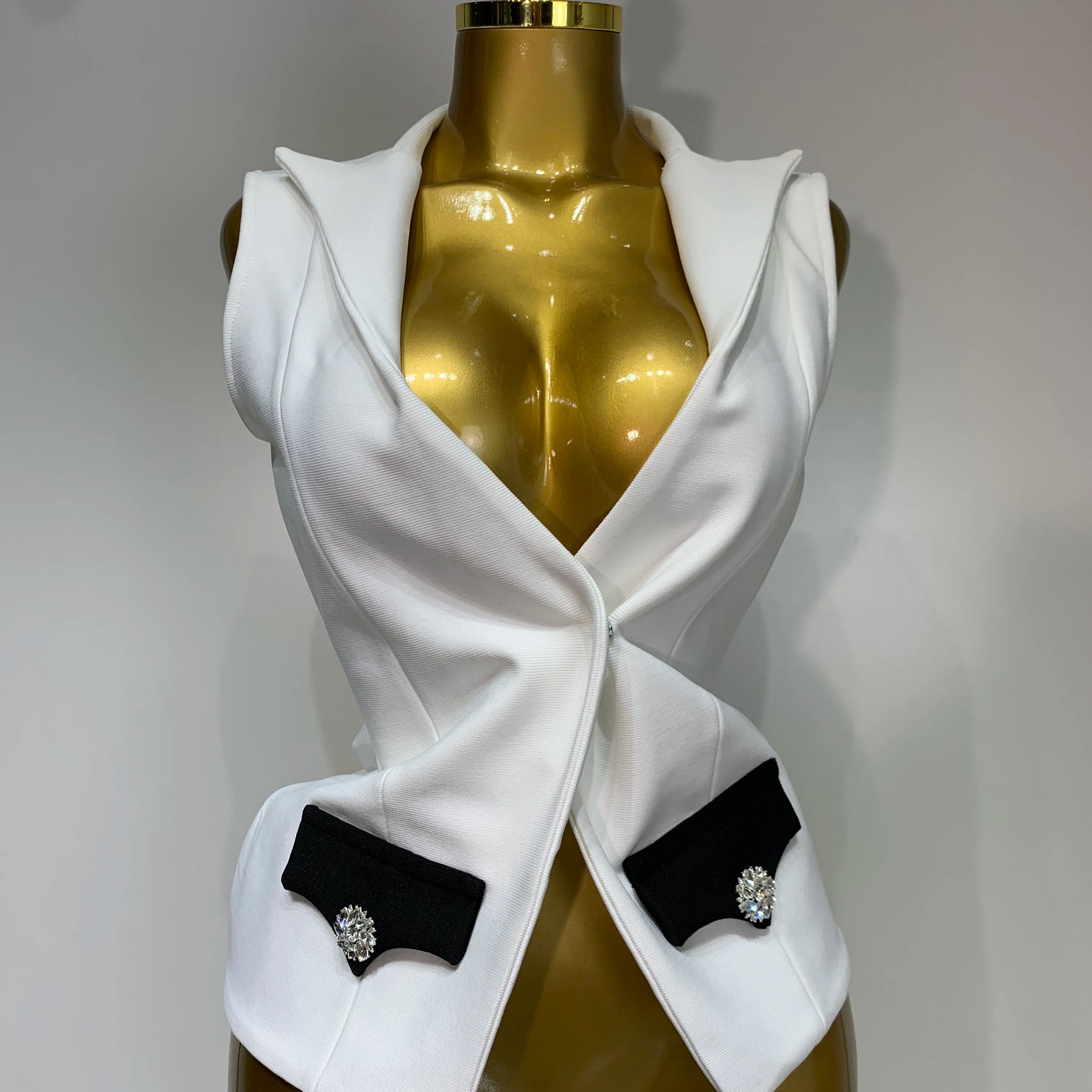 2025 New Designer Fashion Black White Bandage Jacket Two Piece Set Women Slim Fit Diamond Button Suit Jackets Coat