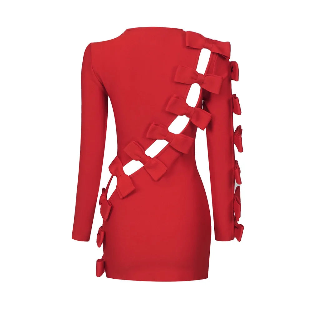 Women Sexy Bandage Dresses New Fashion Bow Long Sleeve Clothes Club Party Hollow Out Dresses