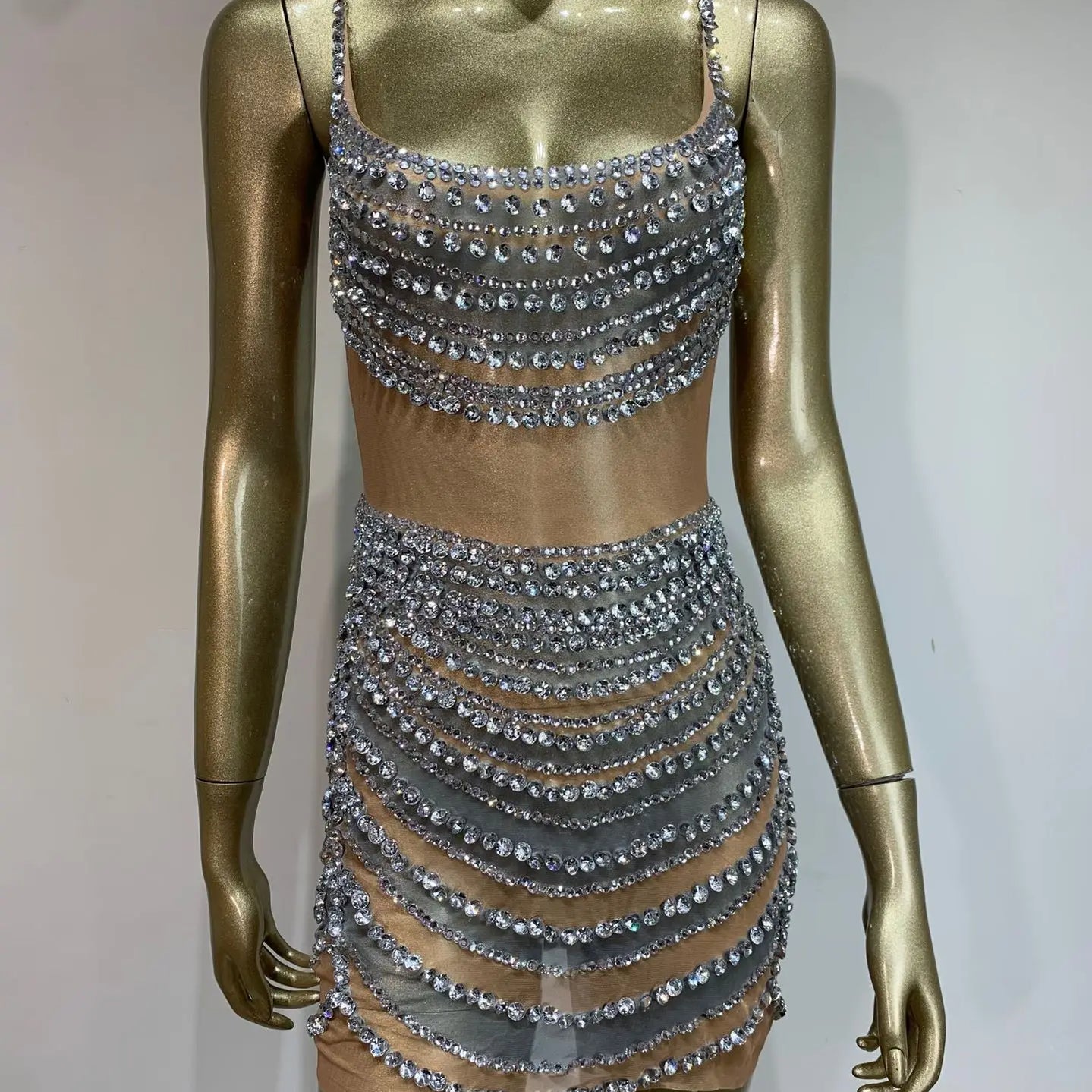 Celebrity Women Sexy U Neck Crystal Diamonds Mesh Mini Dress Birthday Party Costume Bar Nightclub Stage Performance Outfit