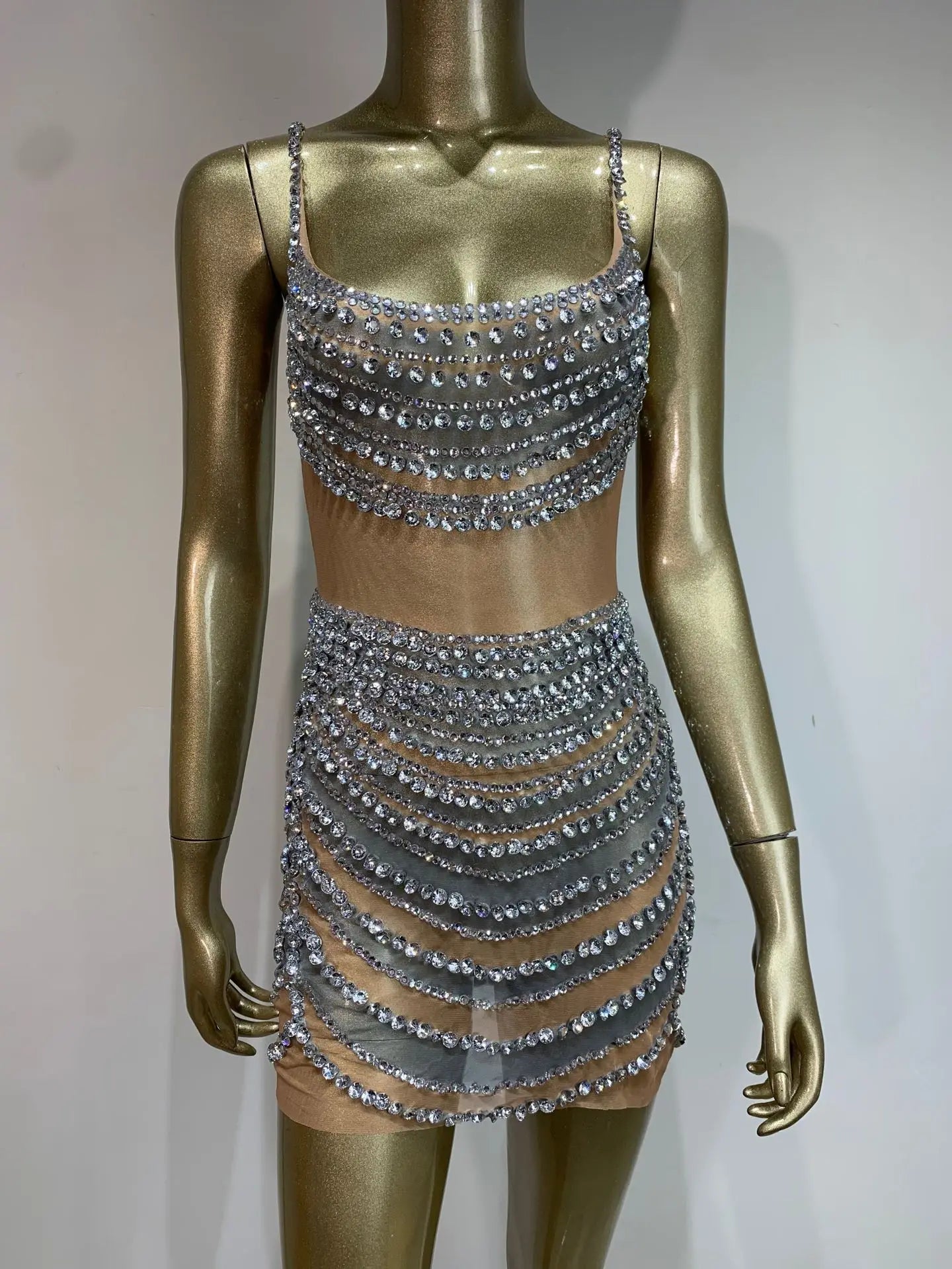 Celebrity Women Sexy U Neck Crystal Diamonds Mesh Mini Dress Birthday Party Costume Bar Nightclub Stage Performance Outfit