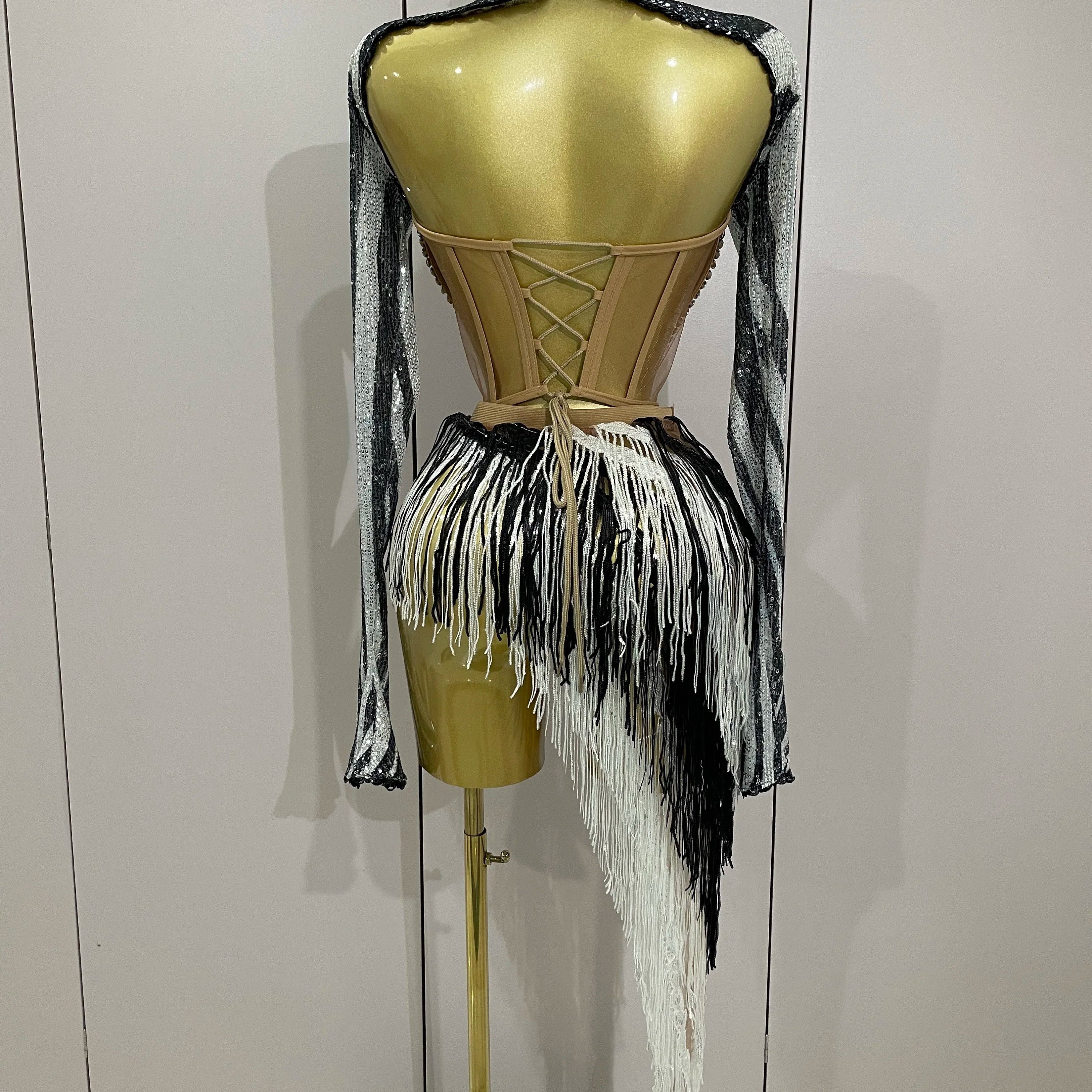 2025 New Shiny Diamond Sequin Tassels Sexy Mesh Long Sleeved Two Piece Set Women Evening Birthday paty Nightclub Stage Costume