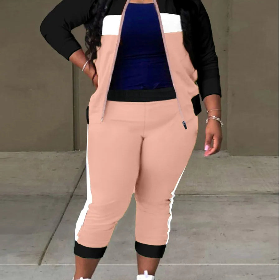 LW Plus Size Zipper Design Patchwork Pants Set Women Color Block Mandarin Collar Tracksuits Long Sleeve Two Pieces Outfits Pink