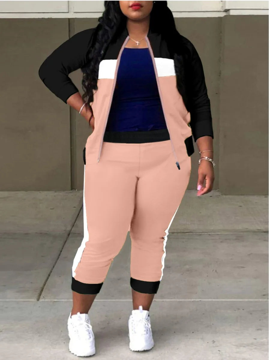 LW Plus Size Zipper Design Patchwork Pants Set Women Color Block Mandarin Collar Tracksuits Long Sleeve Two Pieces Outfits Pink