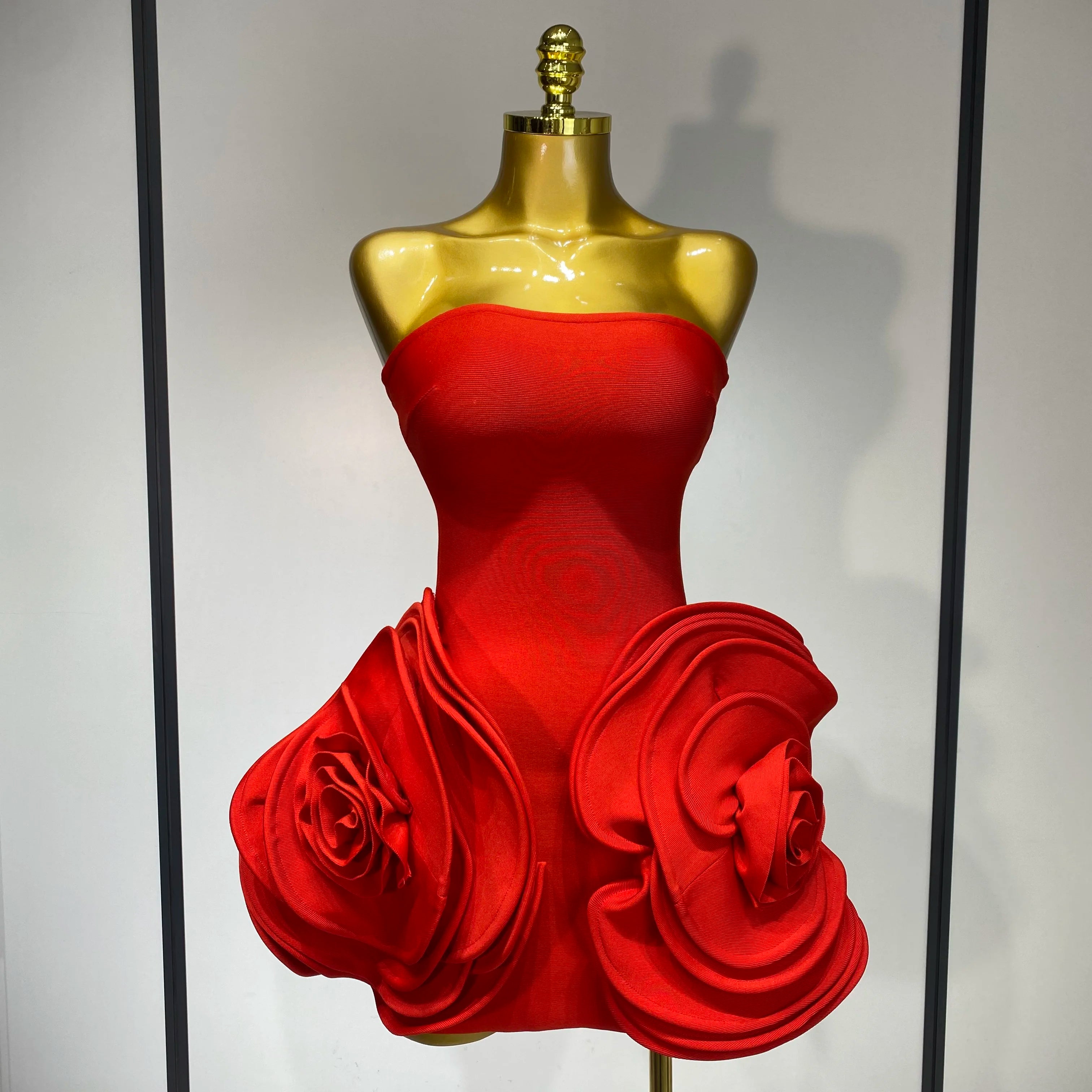 Celebrity Sexy Strapless Backless Flower Red Mini Bodycon Bandage Dress 2025 Knitted Elegant Evening Club Luxury Birthday Dress Red