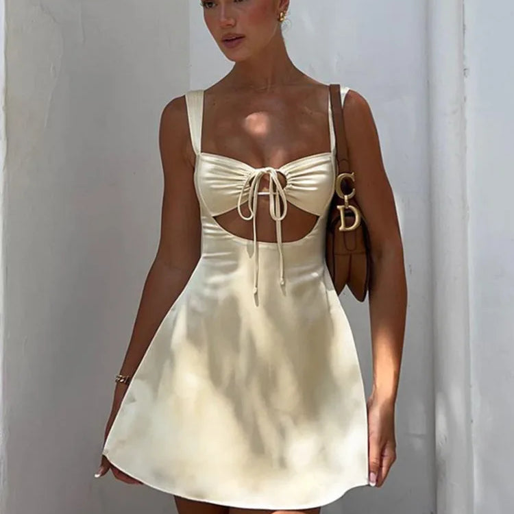 Hollow Out Bandage Sexy Mini Dress For Women 2024 Summer New Spaghetti Sleeveless Backless Bodycon Club Party Dress