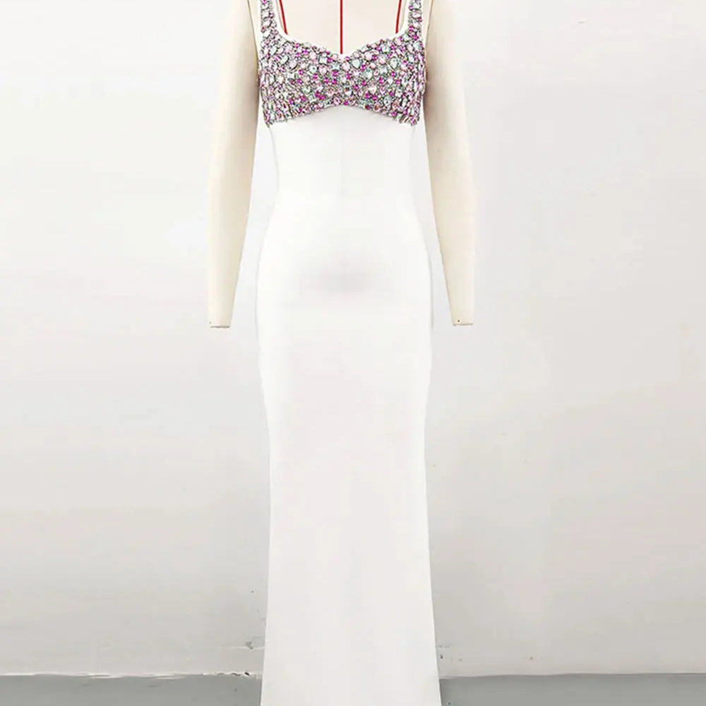 2024 Elegant Women's Diamond Design Bandage Dress Spaghetti Strap Sleeveless Bodycon Long Dress Cocktail Evening Party Vestidos WHITE