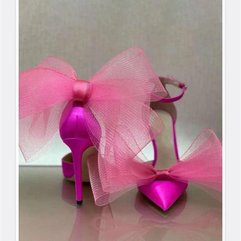 Big Butterfly-Knot Sandals Woman Summer 2024 High Heels Women Pumps Pointed Designer Shoes Mary Janes Sexy Stiletto Wedding Shoe rose Red