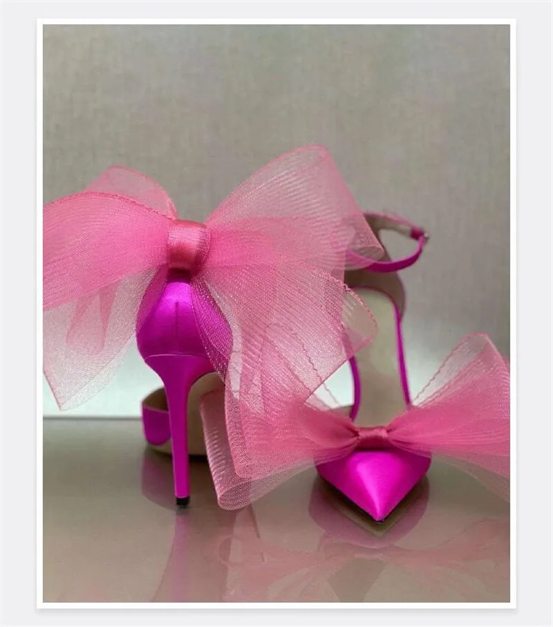 Big Butterfly-Knot Sandals Woman Summer 2024 High Heels Women Pumps Pointed Designer Shoes Mary Janes Sexy Stiletto Wedding Shoe rose Red