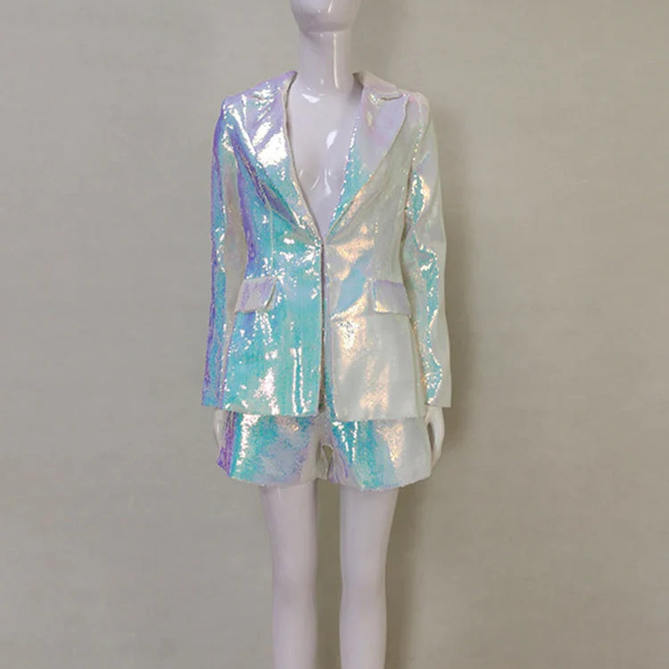 HIGH STREET Newest Designer Runway Suit Set Women's Single Button Glitter Sequined Blazer Shorts Set WHITE