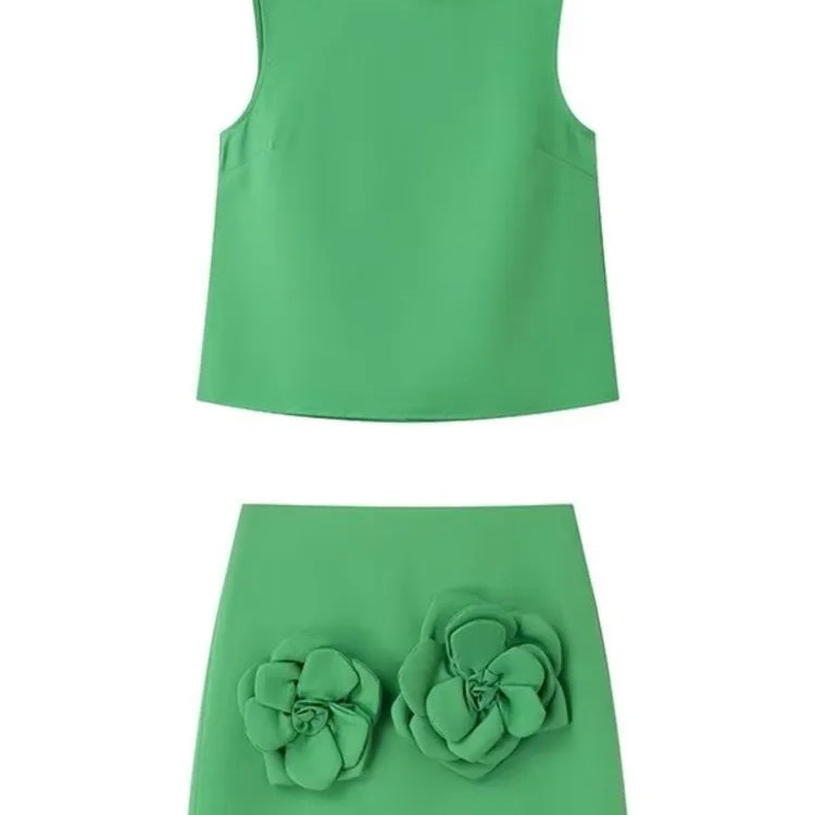 Aonibeier 3D Flowers Women Mini Skirt Suits Traf Summer Sleeveless Blouse Female Crop Top Extreme Short Skirt Sets Y2K GR