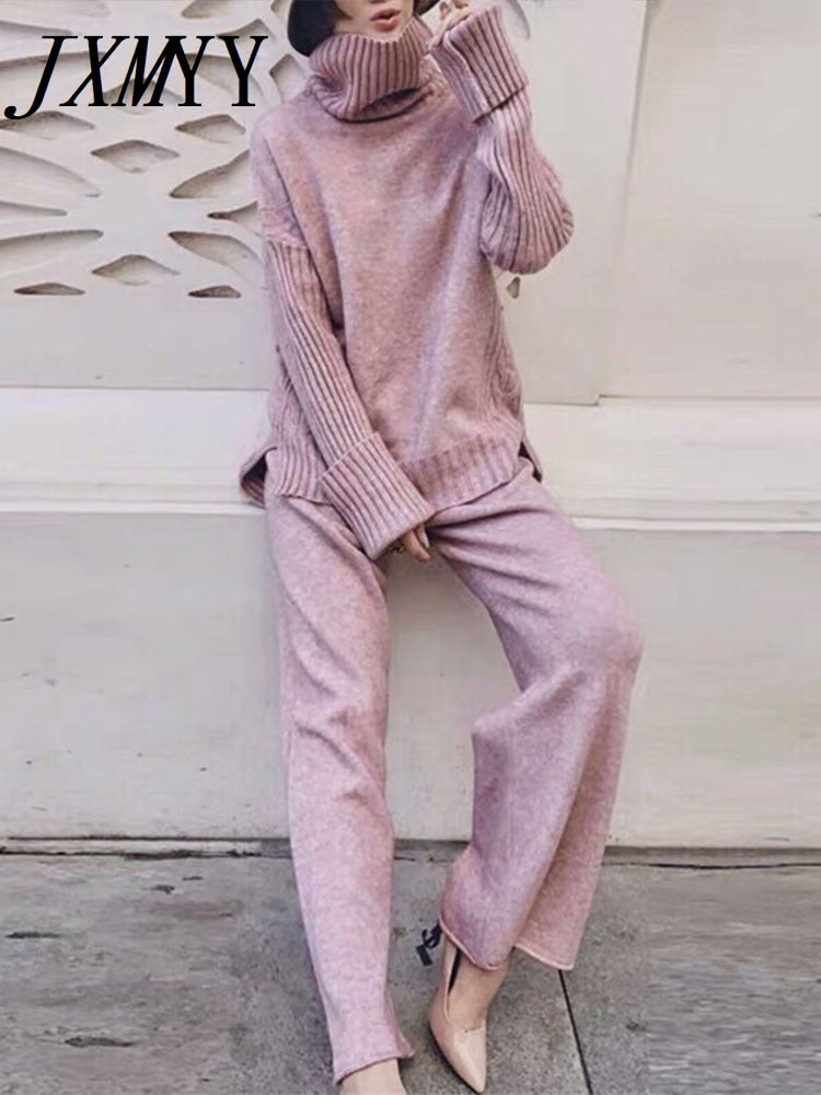 Sweater Set Women Tracksuit Spring Autumn Knitted Suits 2 Piece Set Warm Turtleneck Sweater Pullovers Wide Legs Pants
