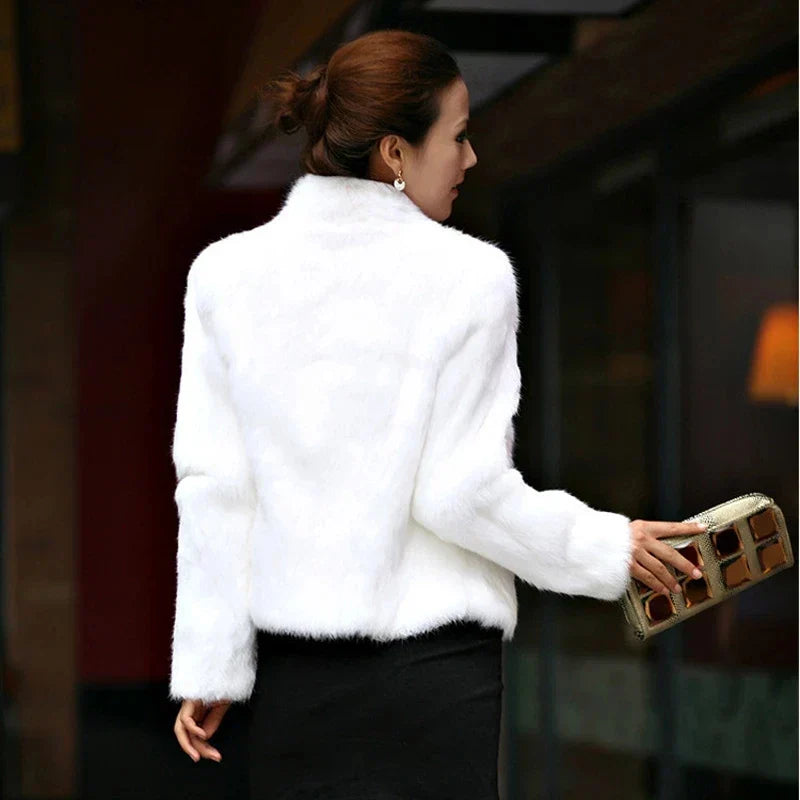 New Autumn Winter Real Genuine Rabbit Fur Coat Women Full Pelt Real Rabbit Fur Jacket Fashion Fur Mandarin Collar Overcoats