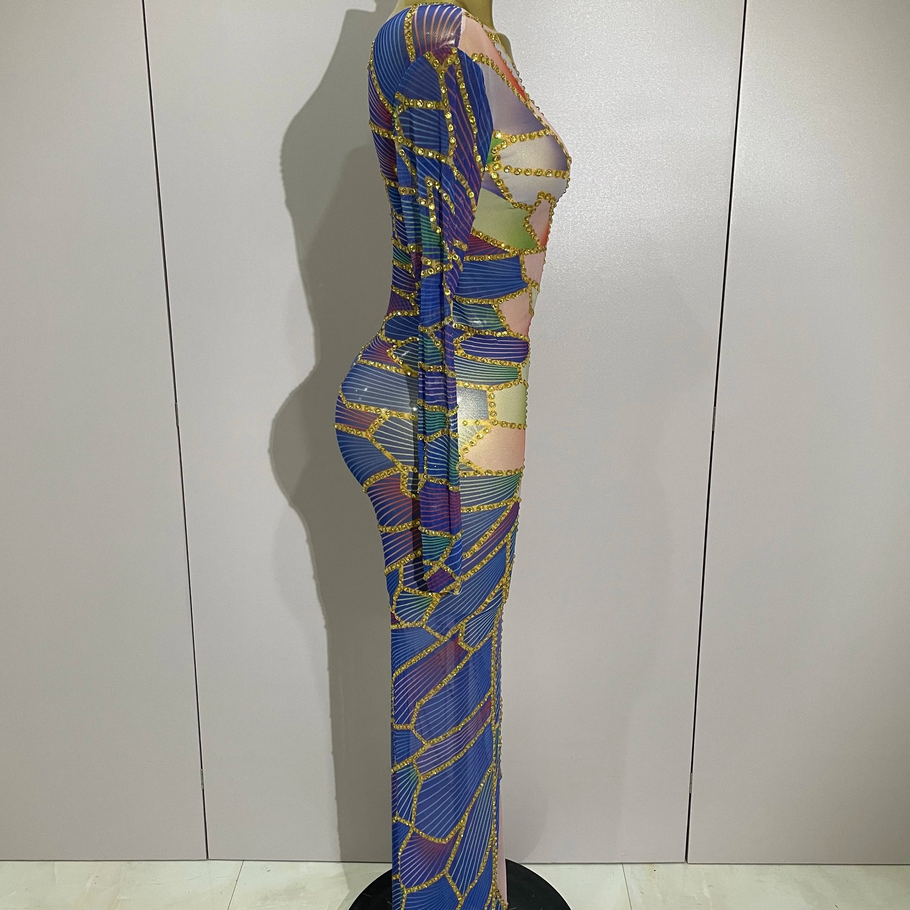 2025 New Luxury Sparkly Rhinestone Stretchy Mesh See Through Long Dress Women Birthday Party Performance Nightclub Stage Costume