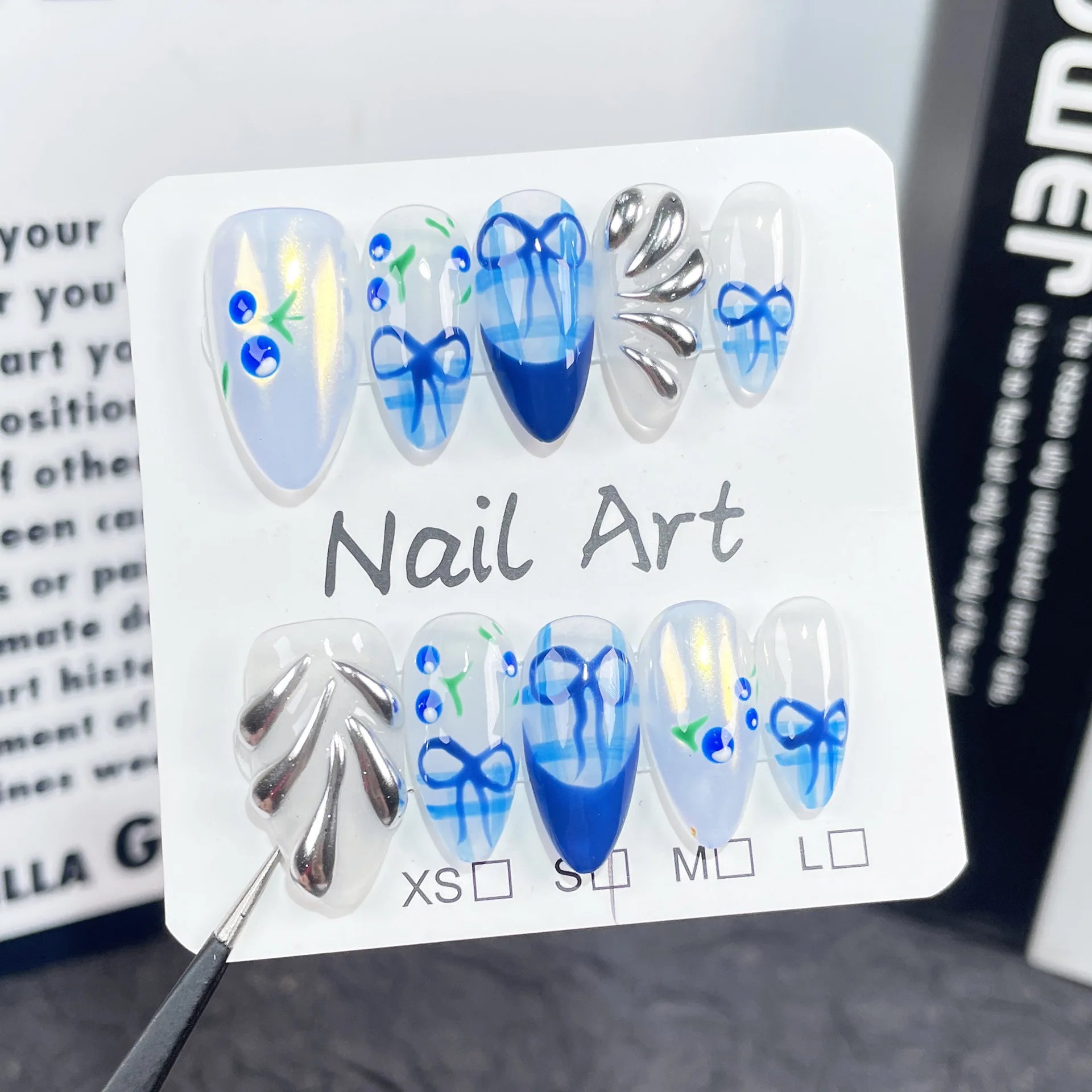 10Pcs Y2K Sweet Cool Almond Handmade Gel Nails with Glue Metallic Bow Nail Design 3D Blue False Nails Press on Acrylic Nail Tips
