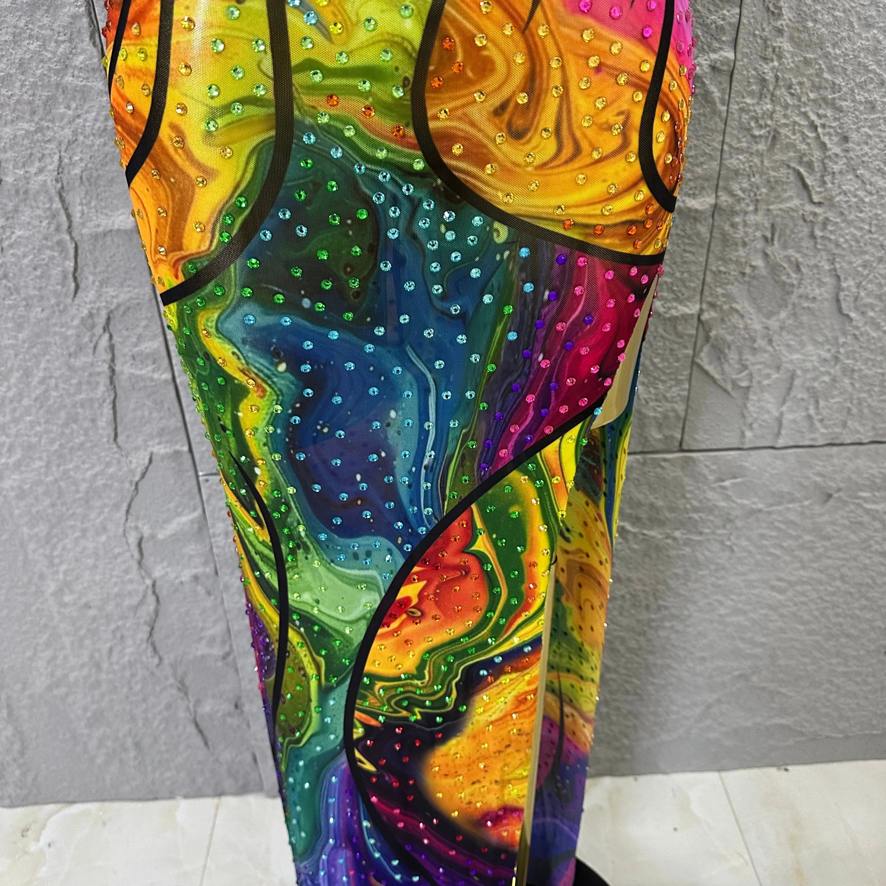 Elegant Sheer Mesh Colorful Halter Neck Maxi Dress Women Sexy Crystal High Slit Form-Fitting Evening Party Formal Event Dress