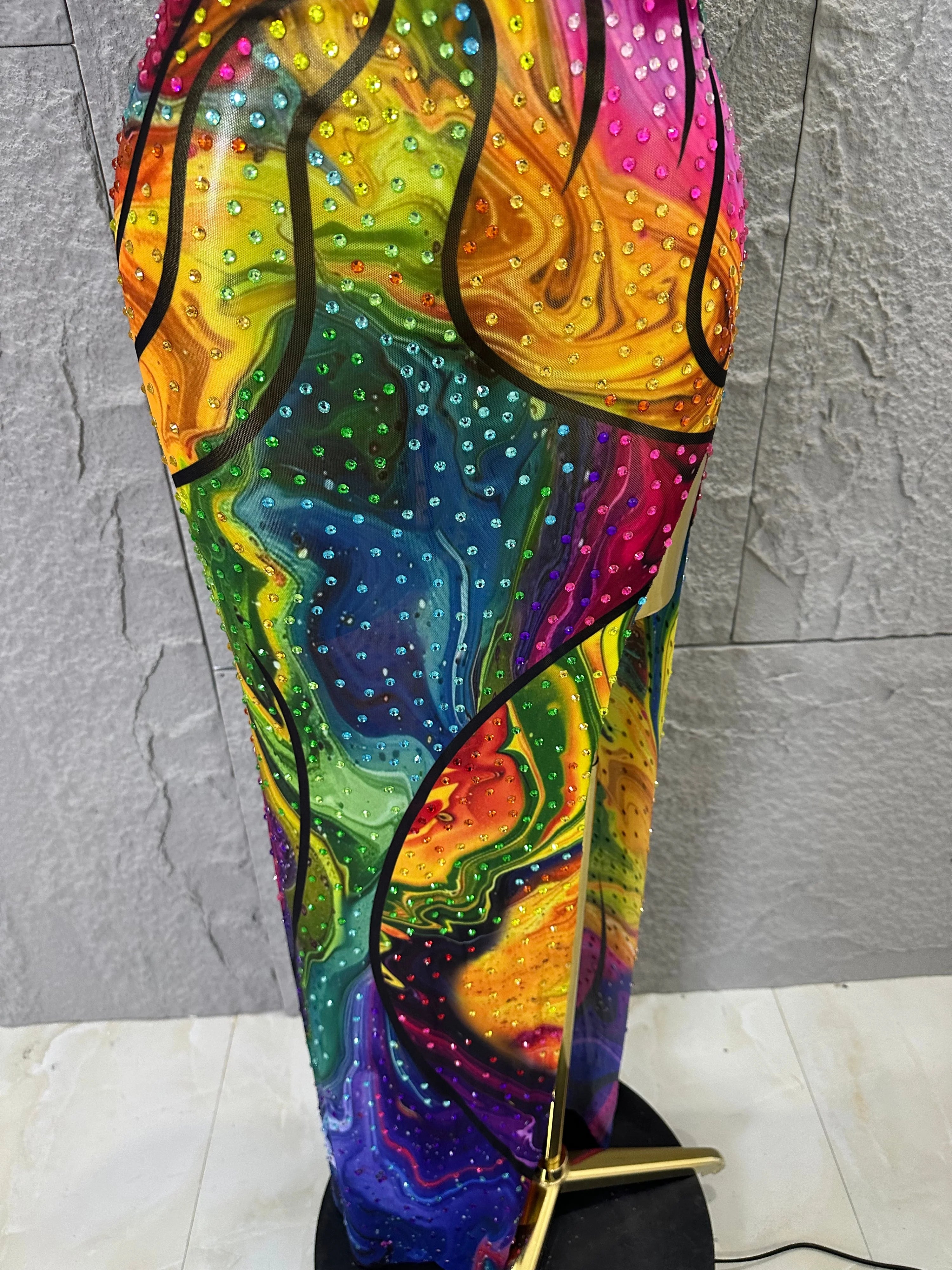 Elegant Sheer Mesh Colorful Halter Neck Maxi Dress Women Sexy Crystal High Slit Form-Fitting Evening Party Formal Event Dress