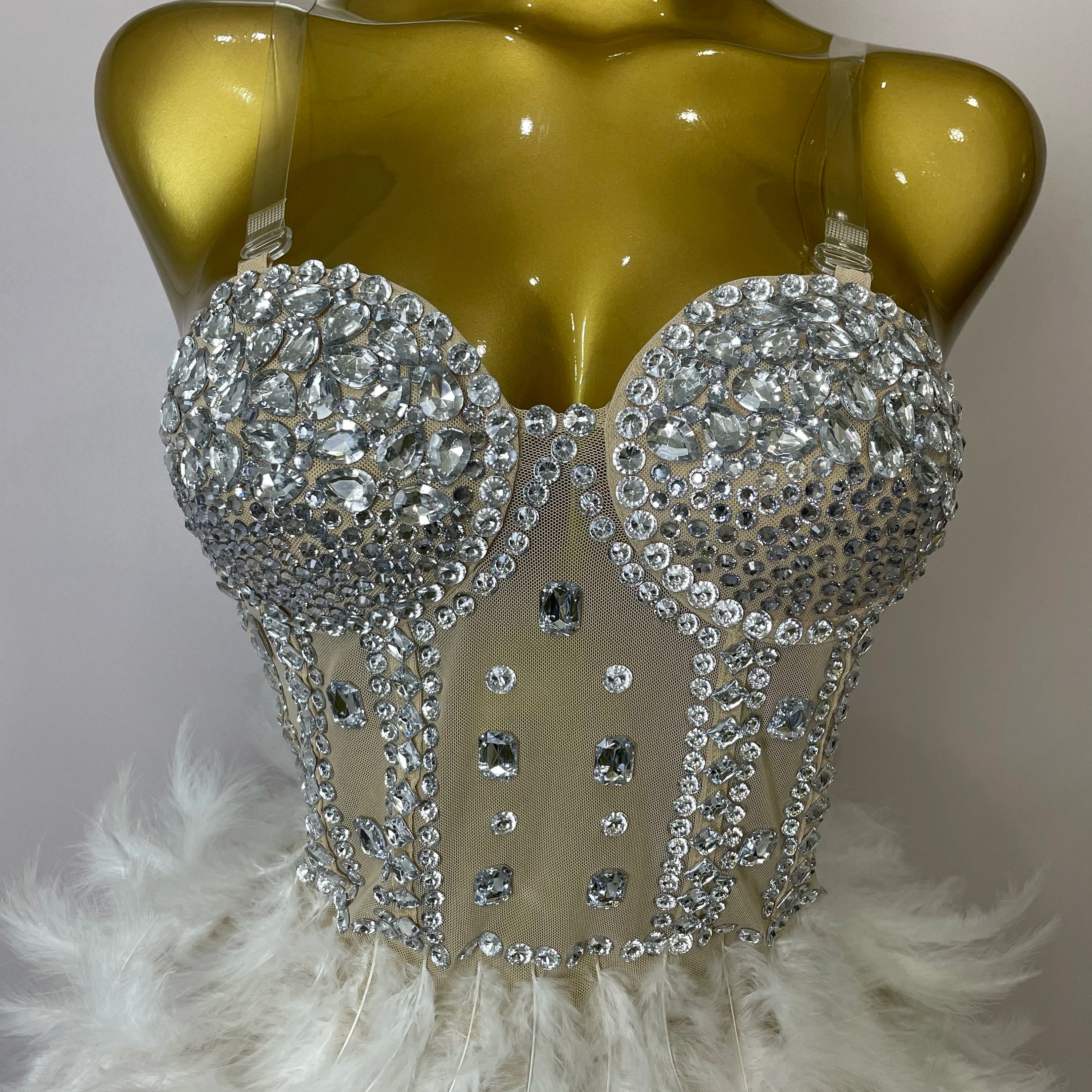 Stock 2025 Women Sexy Sparkly Rhinestone Mesh Feather Long Dress Elegant Evening Party Celebrate Birthday Performance Costume