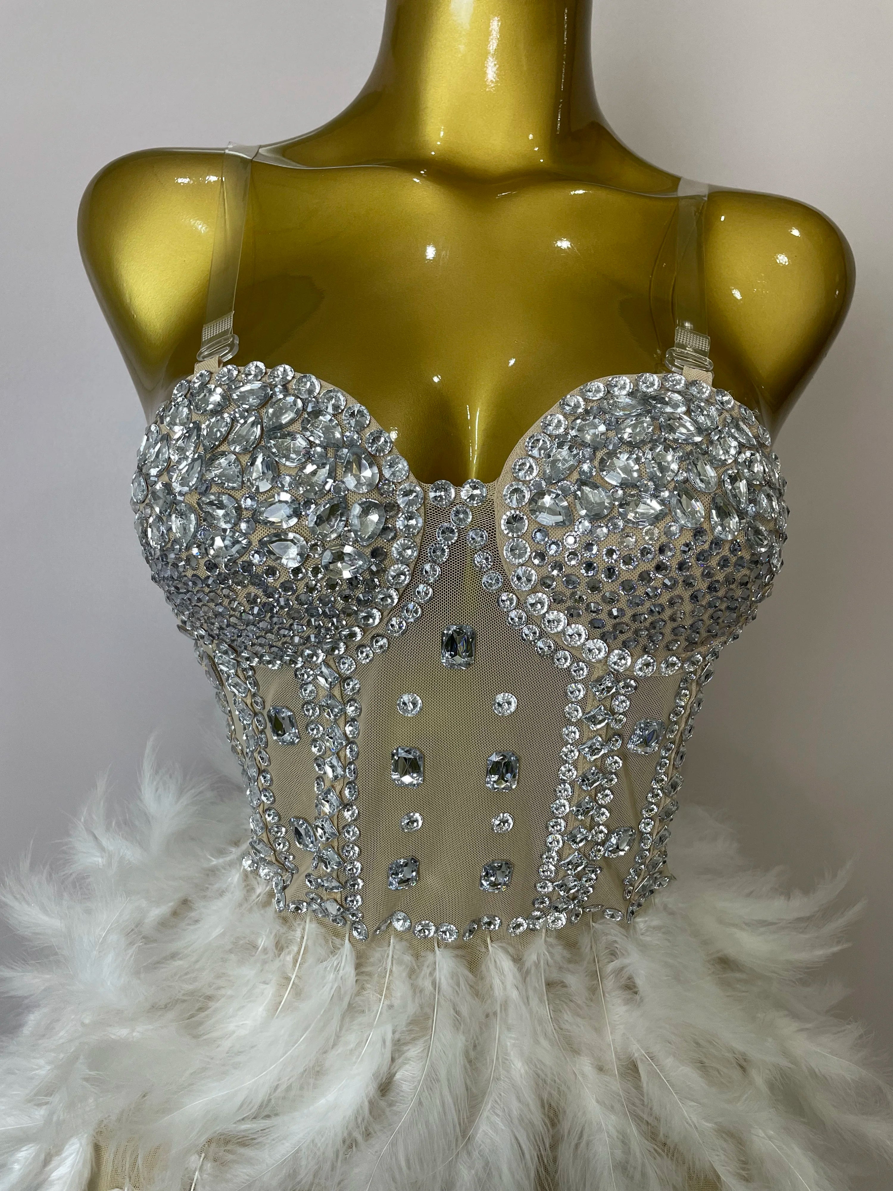 Stock 2025 Women Sexy Sparkly Rhinestone Mesh Feather Long Dress Elegant Evening Party Celebrate Birthday Performance Costume