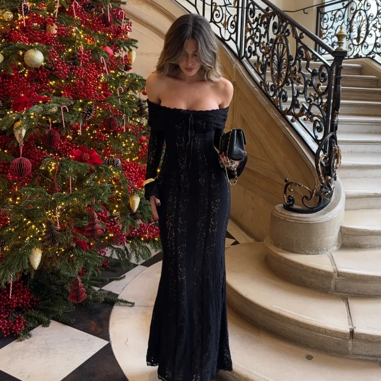 Suninheart White Off The Shoulder Bodycon Dress 2024 New in Flare Sleeve Elegant Lace Maxi Dress Wedding Guest Dress for Women black