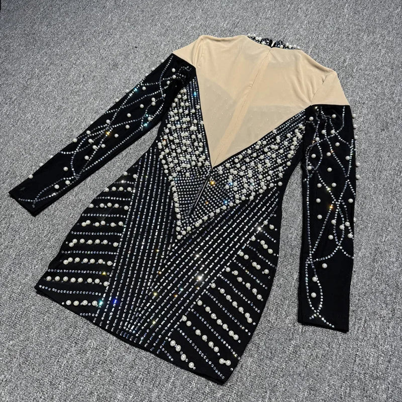 Women Long Sleeve Sexy Shinning Rhienstones Bodycon Mini Bandage Dress Nightclub Party Club Singer Celebrate Performance Costume