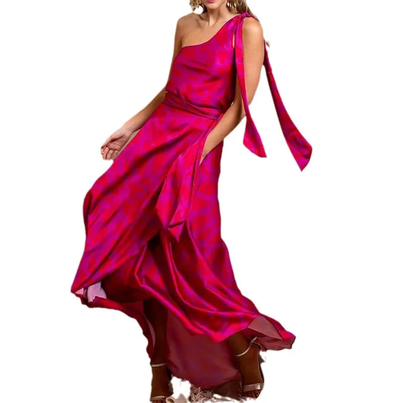 Women Dresses One Shoulder Print Camis Dress Backless Sexy Party Night Ankle Length Vestidos Boho Loose Spliced Streetwear