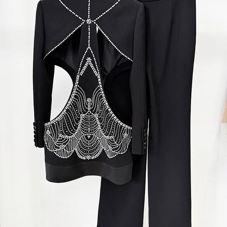 2025 New Autumn Women Long Sleeve Sexy Shinning Rhinestones 2 Pieces Blazer Set Elegant Evening Party Red Carpet Celebrate Wear