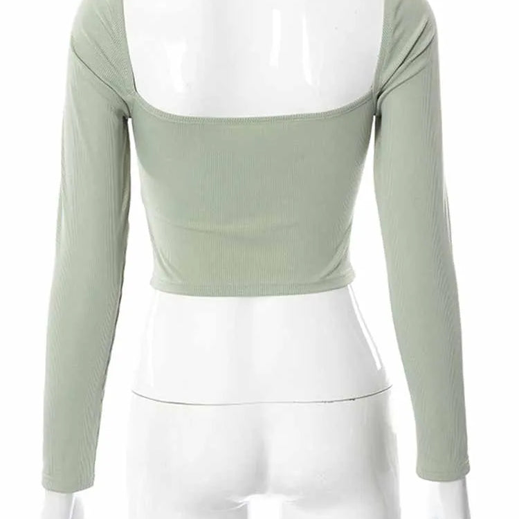 Hollow-Out V-neck Long Sleeve Crop Tops Spring Fall Casual Fashion Women Square Collar Slim Ribbed T-Shirts Backless Tee