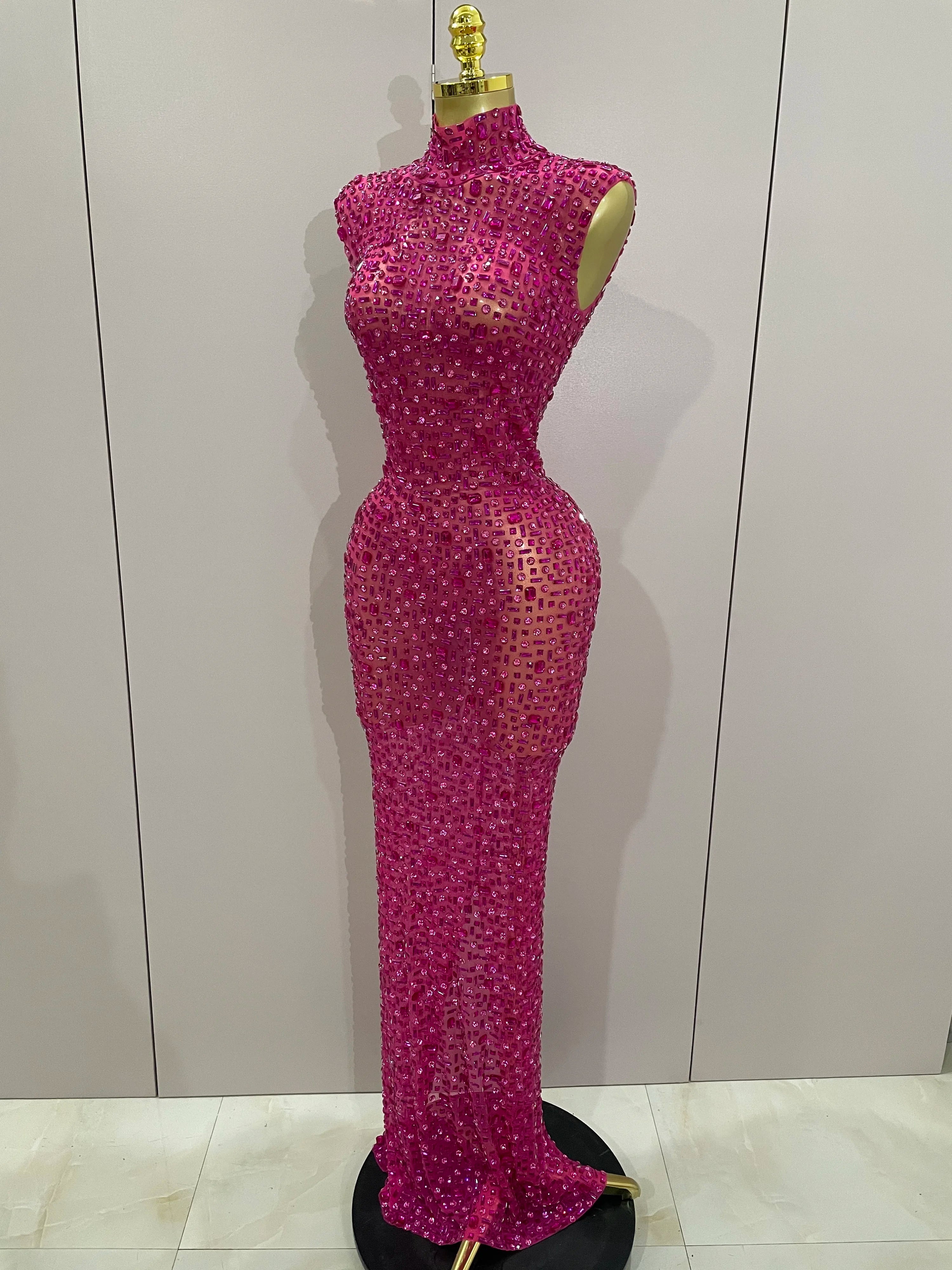 Sexy Sparkly Crystal Diamonds Mesh See Through Long Dress 2025 New Women Elegant Party Costume Singer Stage Performance Outfit