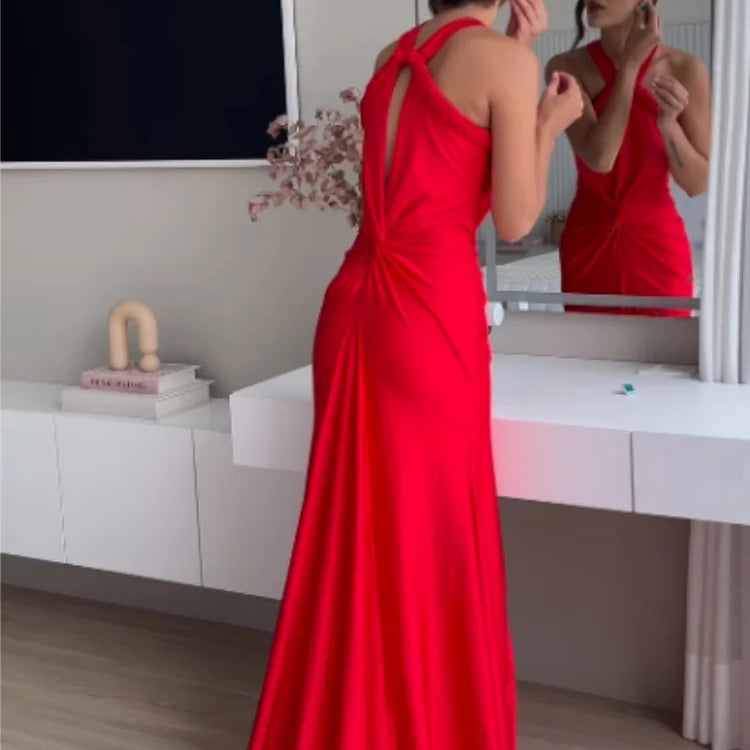 Rosered Red Color Women Sexy Off the Shoulder Halter Backless Long Mermaid Dress Elegant Evening Party Celebrate Wedding Dress