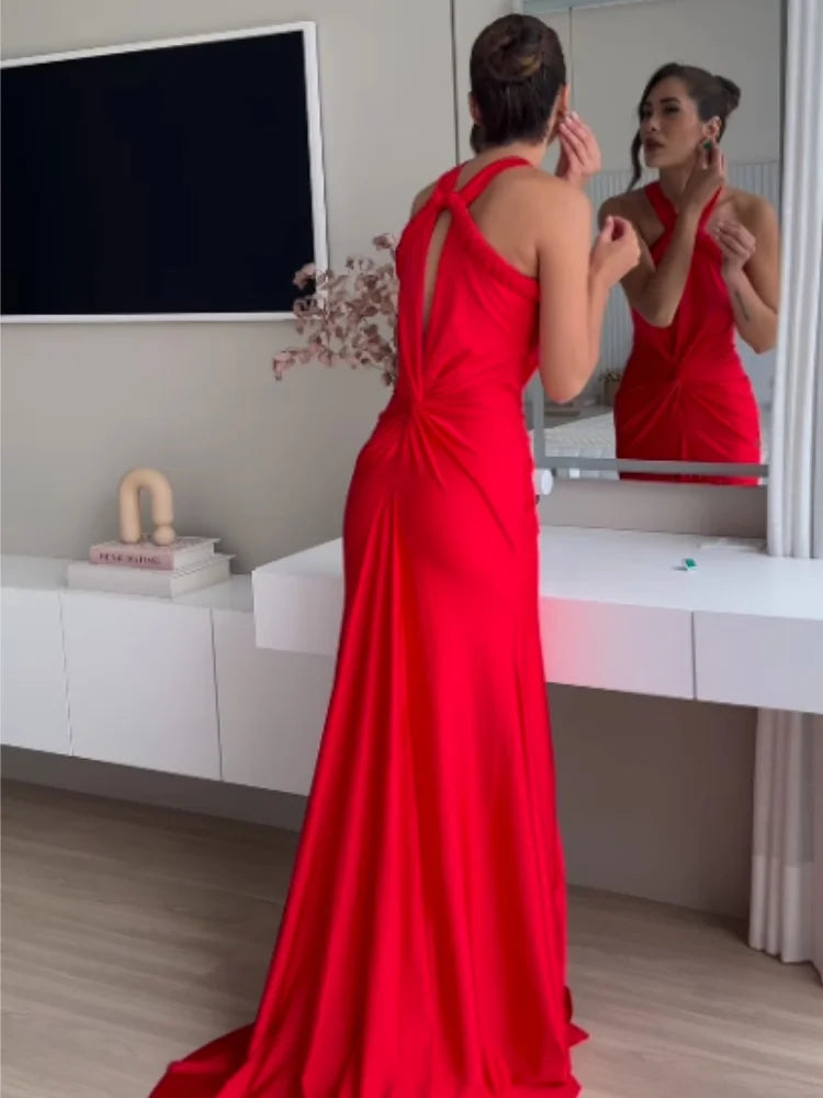 Rosered Red Color Women Sexy Off the Shoulder Halter Backless Long Mermaid Dress Elegant Evening Party Celebrate Wedding Dress