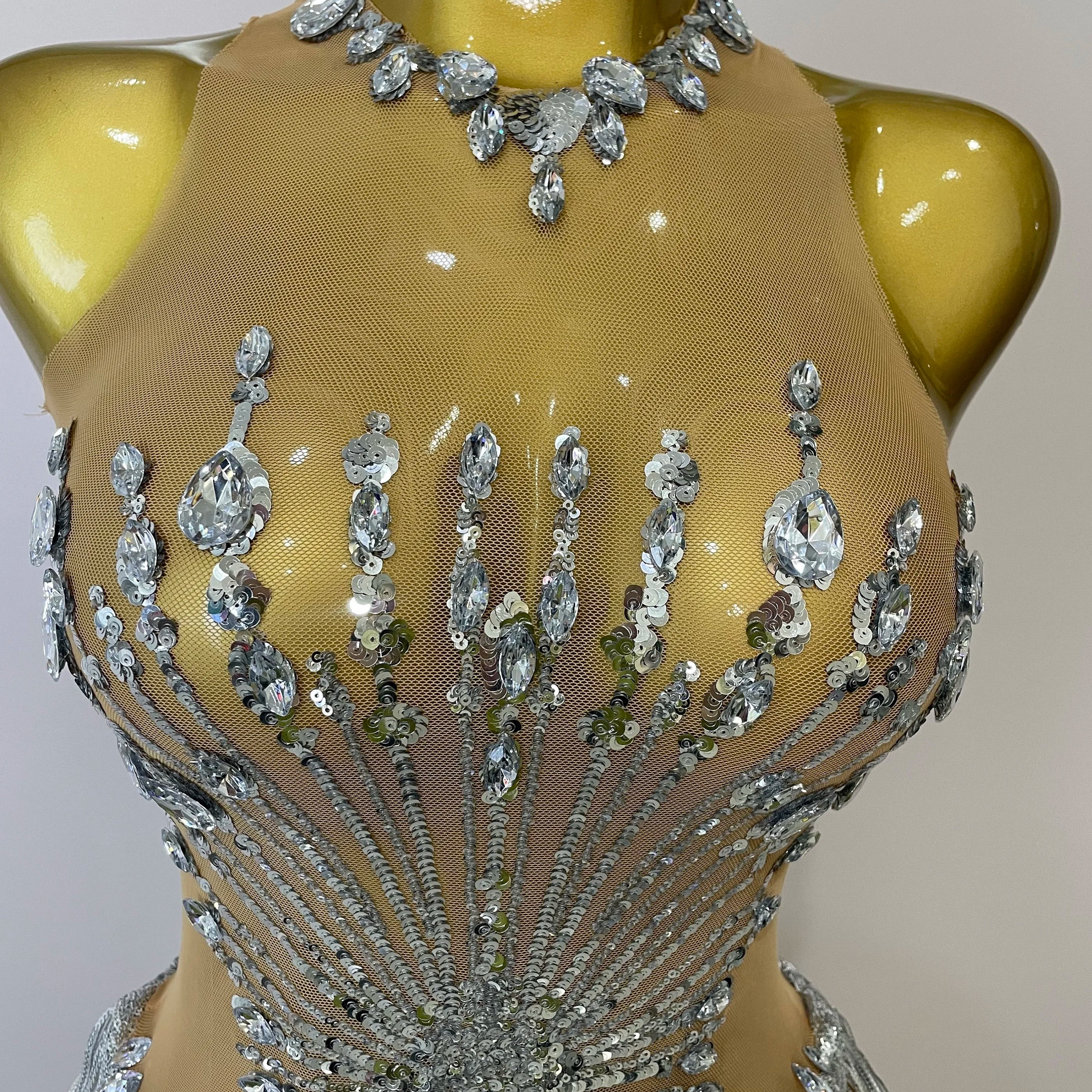 STOCK Sliver Sequins Shining Diamonds Sexy Mesh Long Tassel Bodysuit Women Nightclub Party Birthday Stage Performance Costume