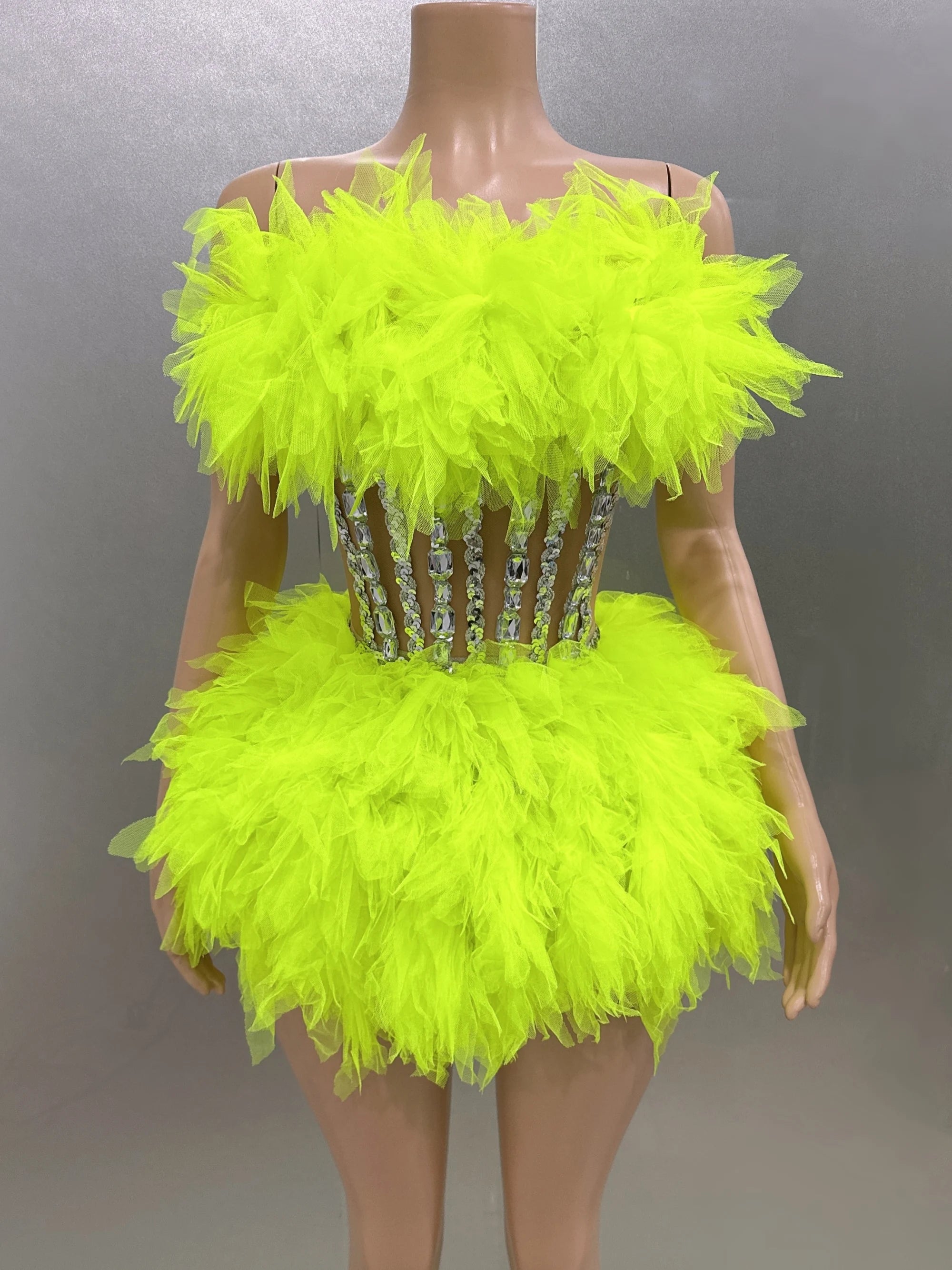 Hot Sale Women Sexy Mesh Ruffles Ball Gown Mini 2 Pieces Dress Lace-up Crystal Birthday Party Celebrate Nightclub Wear