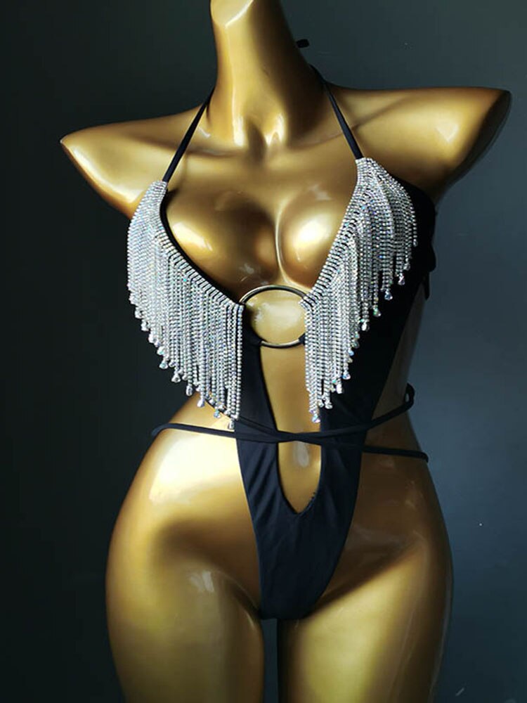 Swimwear Bikini 2024 Women Swimsuit One Piece - Shiny Crystal Rhinestone Hollow Out Summer Beach Swimming Bathing Suit Black 1