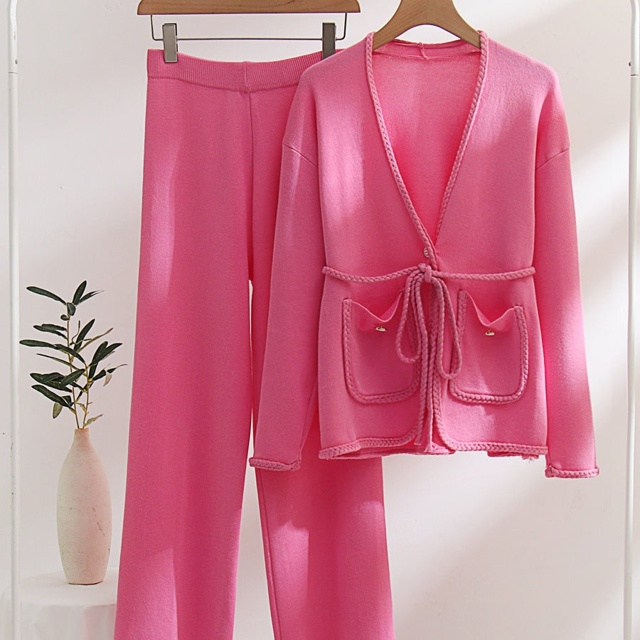 Spring Autumn Knitted Suits Women Long Sleeve Sweater and Wide leg Pants Sets Outwear Loose Lace Up Cardigan Outfits Sets Rose Red One Size