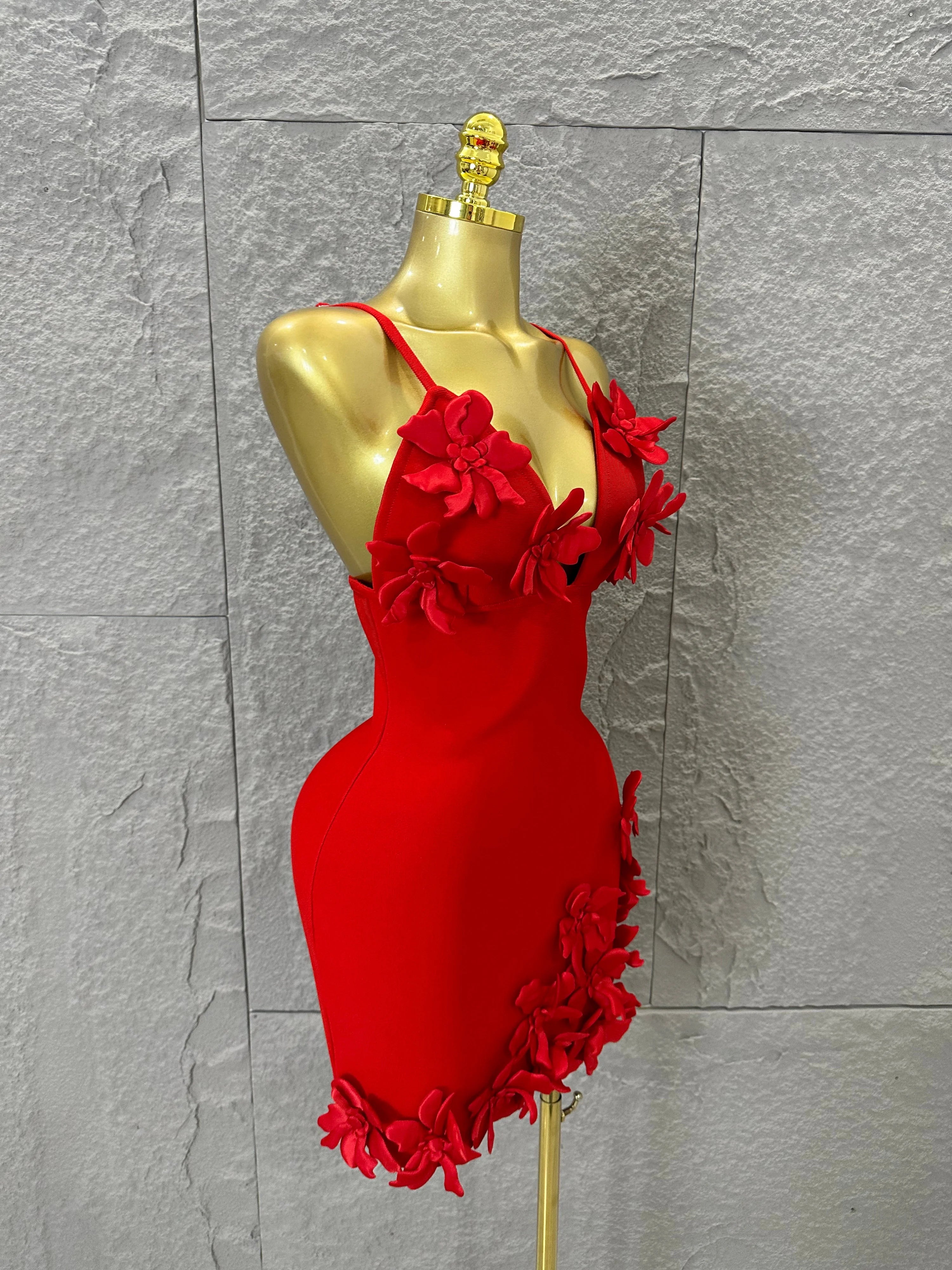 Sexy Deep V Red 3D Flower Applique Dress Slim Fit Bodycon Bandage Night Out Wedding Guest Club Cocktail Evening Party Outfit