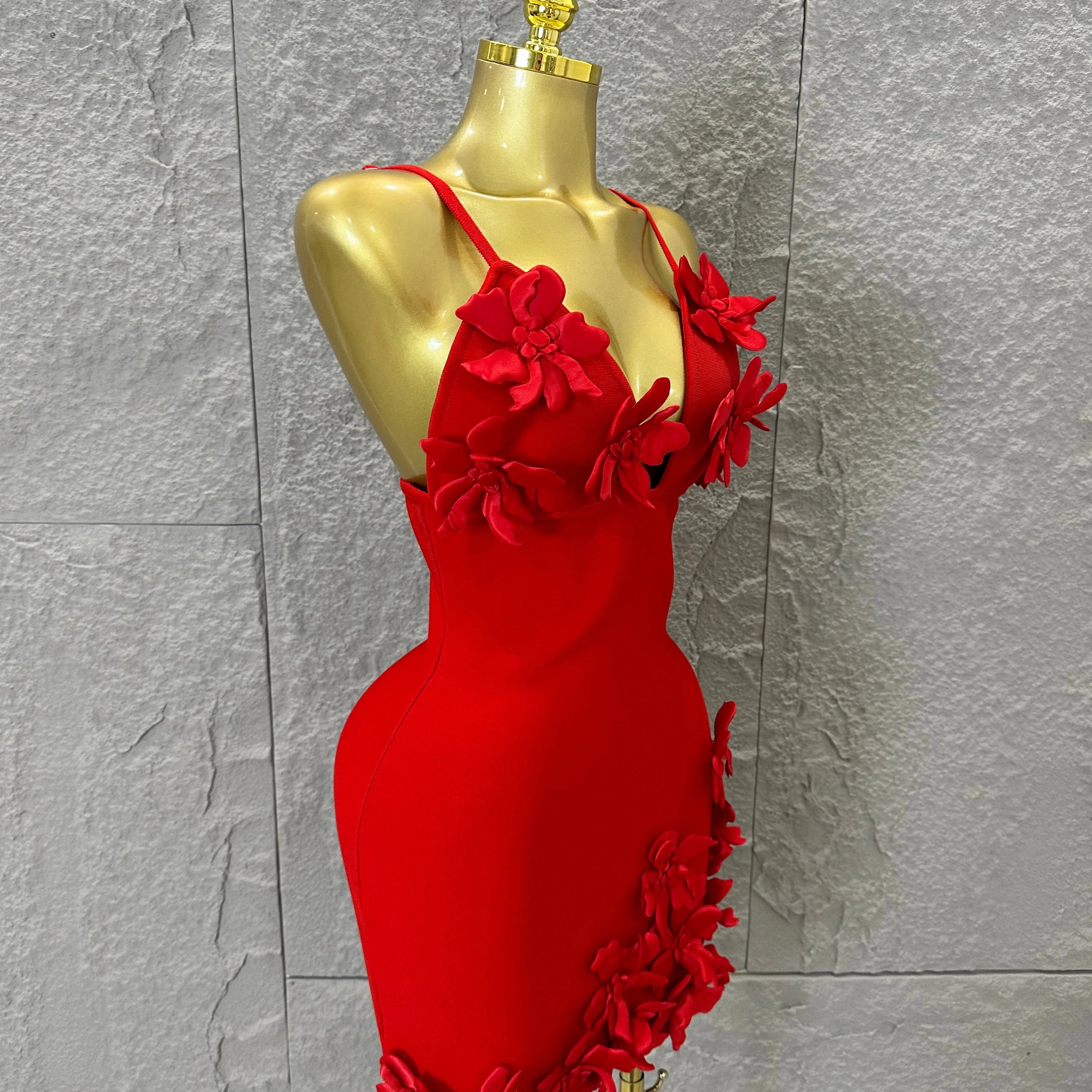 Sexy Deep V Red 3D Flower Applique Dress Slim Fit Bodycon Bandage Night Out Wedding Guest Club Cocktail Evening Party Outfit