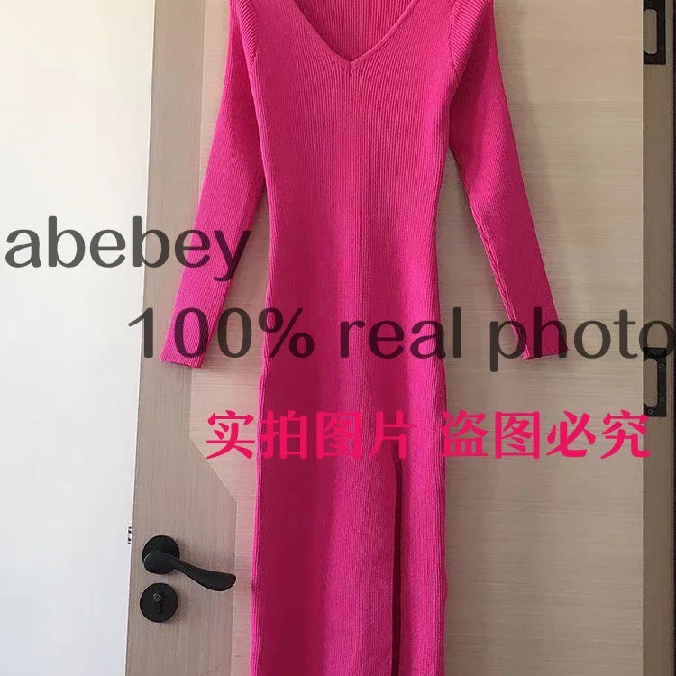 spring and winter sexy French slit sweater dress female slim tight-fitting hip-knit over-the-knee dresses