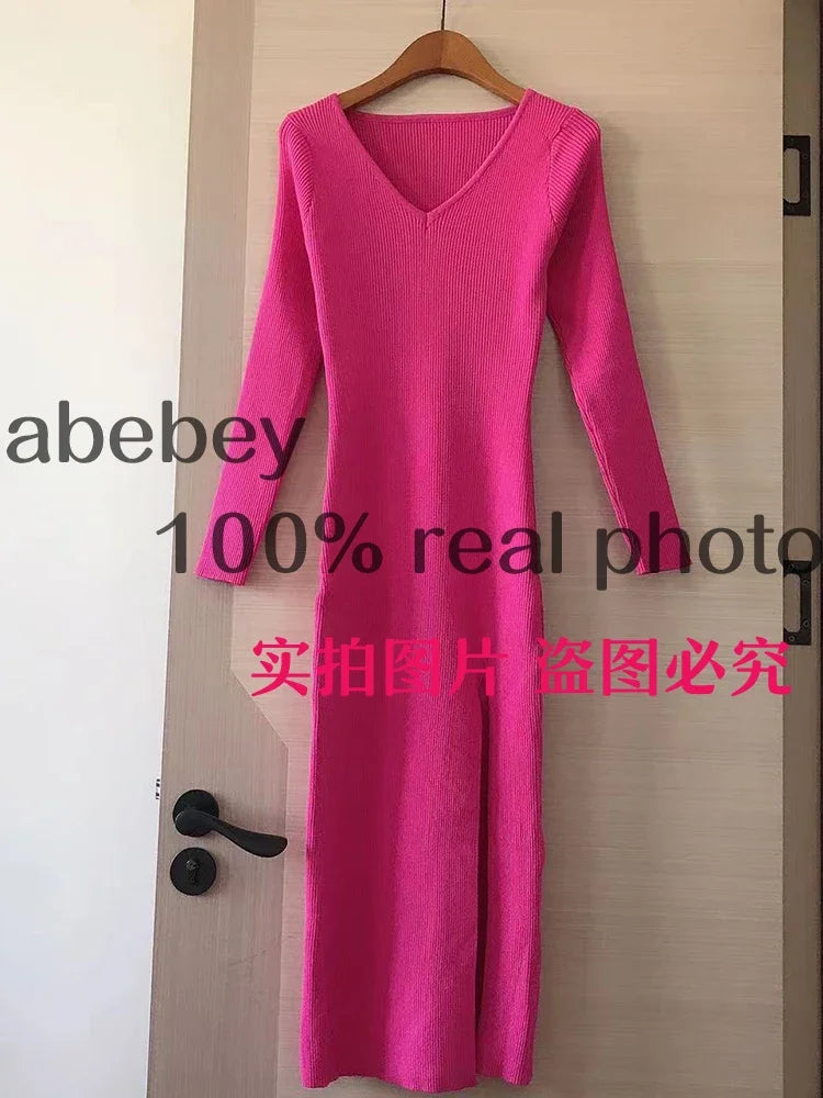 spring and winter sexy French slit sweater dress female slim tight-fitting hip-knit over-the-knee dresses