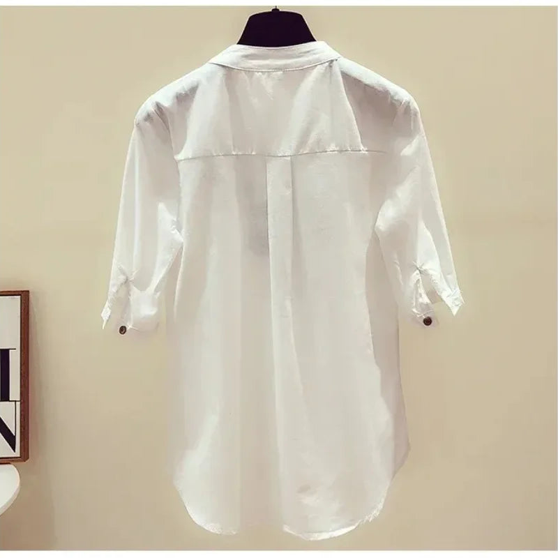 Loose Cotton Blouses for Women, White Tops and Blouses, Elegant Embroidery V-Neck Shirts, New Summer Clothes, 3140 50