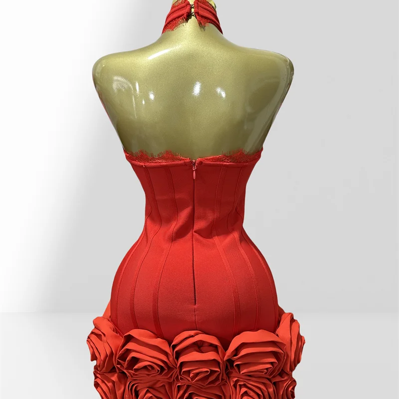 Stereoscopic Folwer Sexy Deep V-Neck Halter Sheath Red Bandage Mini Dress Sweet Woman Birthday Party Dress Music Festival Outfit