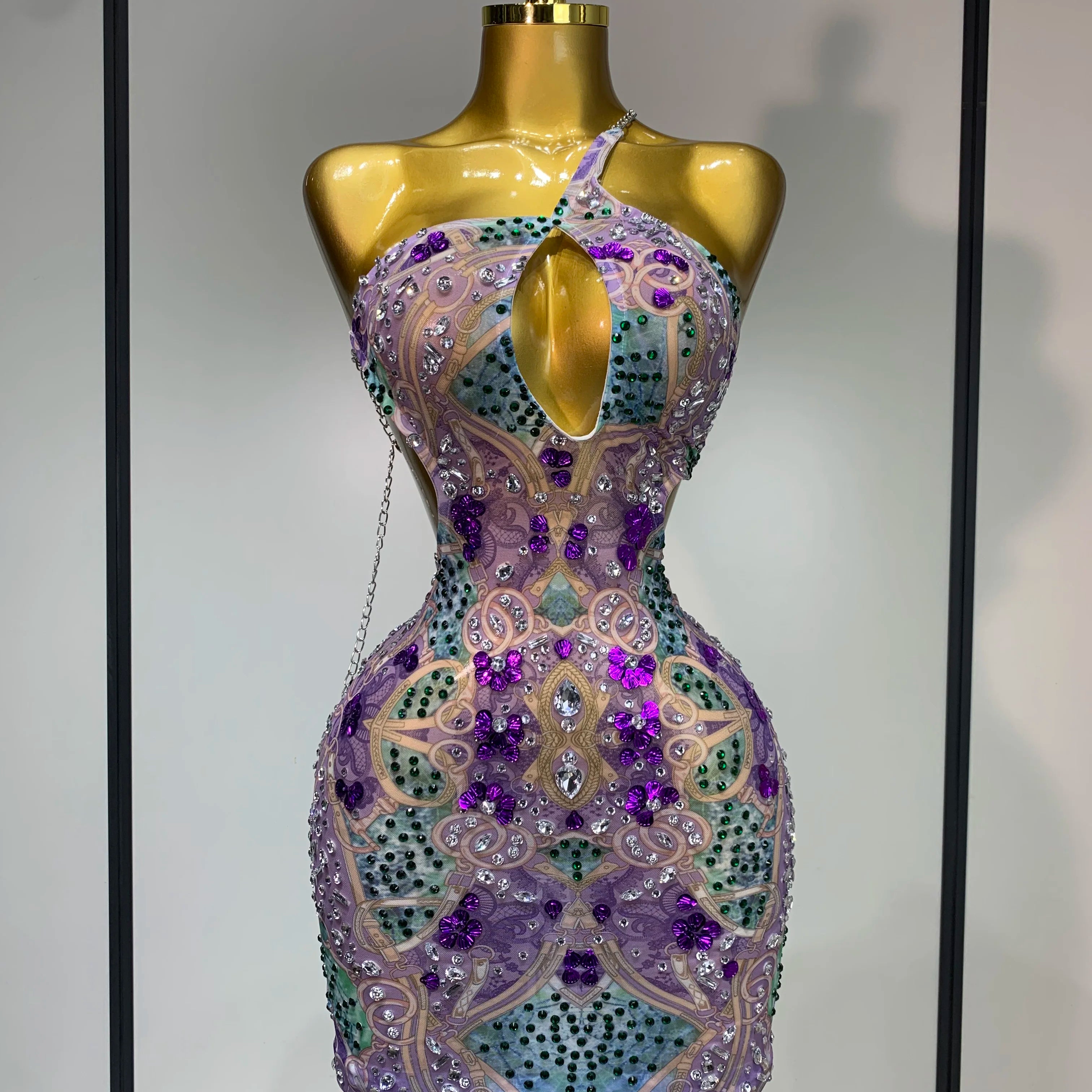 Sprakly Rhinestones Women Sexy Mesh See Through Hollow Out Mini Dress Luxury Birthday Birthday Photo Shoot Performance Costume PURPLE