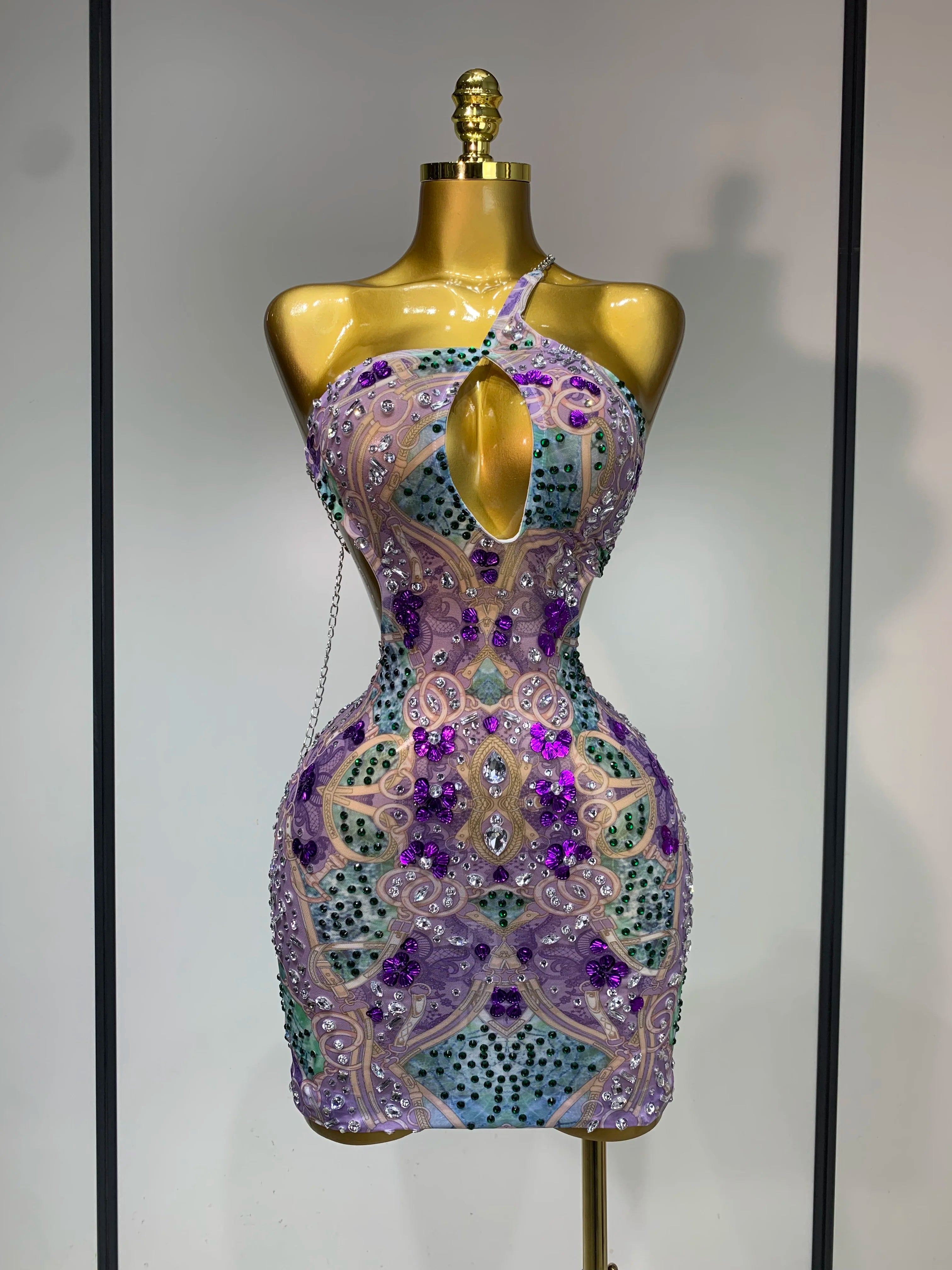 Sprakly Rhinestones Women Sexy Mesh See Through Hollow Out Mini Dress Luxury Birthday Birthday Photo Shoot Performance Costume PURPLE