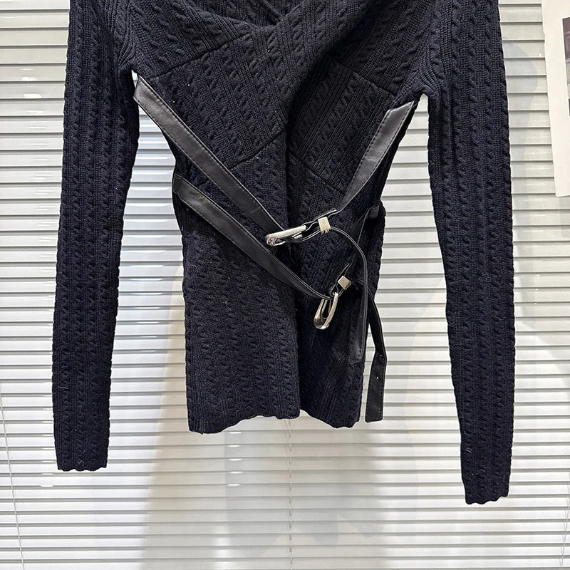 Winter New Niche Fashion V-neck Cross Belt Buckle Tie Knitted Sweater For Women Slim Fit Top Female Trend 11A07676