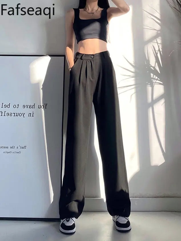Summer Ice Silk Wide Trousers for Women Loose White Thin Straight Pants Elegant Office Women Baggy Stacked Pants Sweatpants