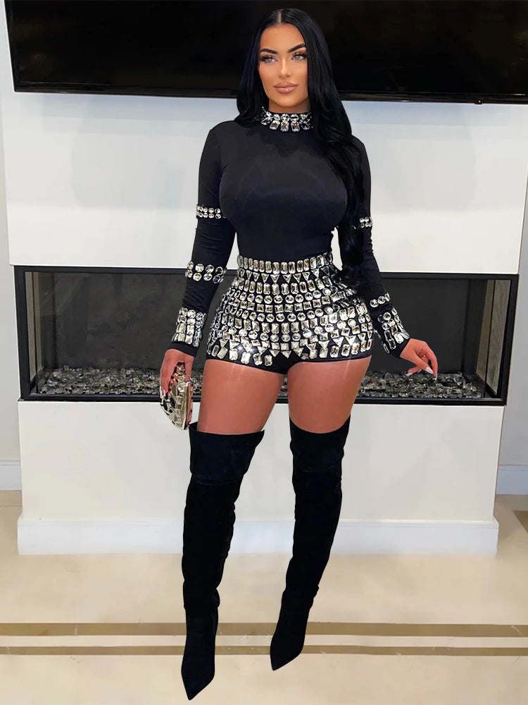 Women Diamonds Hot Rhinestones Long Sleeve Short Jumpsuits 2024 Summer Sexy Party Club One Piece Suit Rompers Playsuits