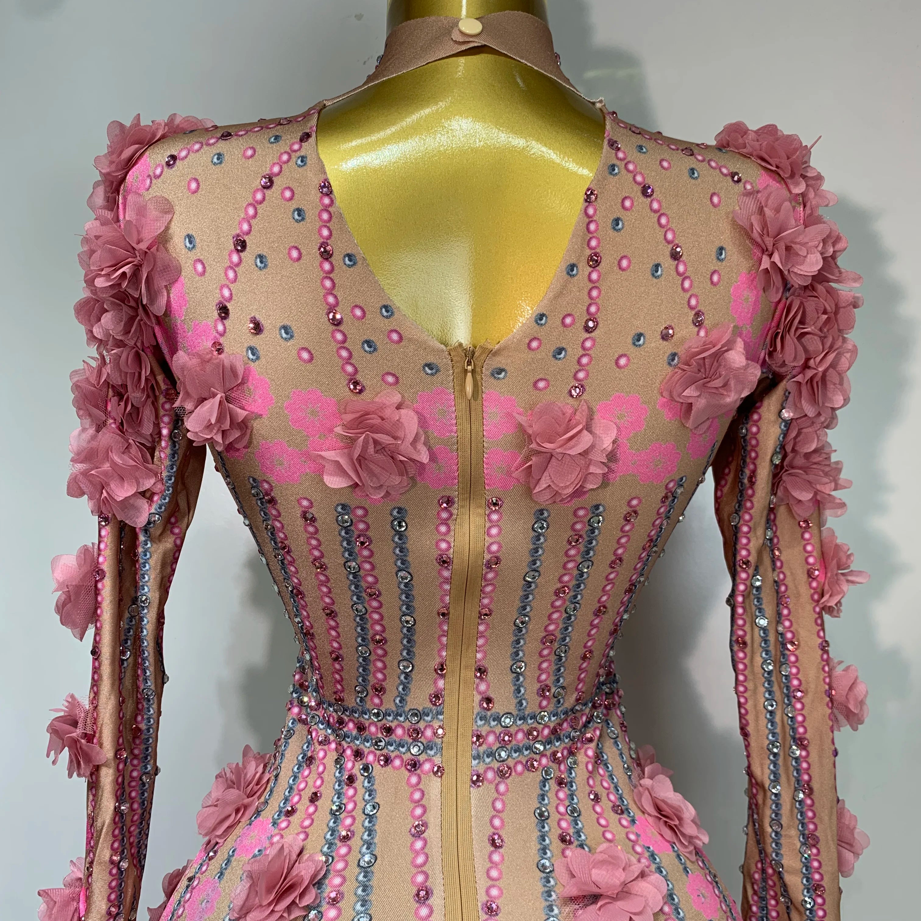 Sexy Skinny Rhinestones Flower Long Sleeve Bodycon Jumpsuit Women High Street Nightclub Birthday Performance Dance Stage Outfit