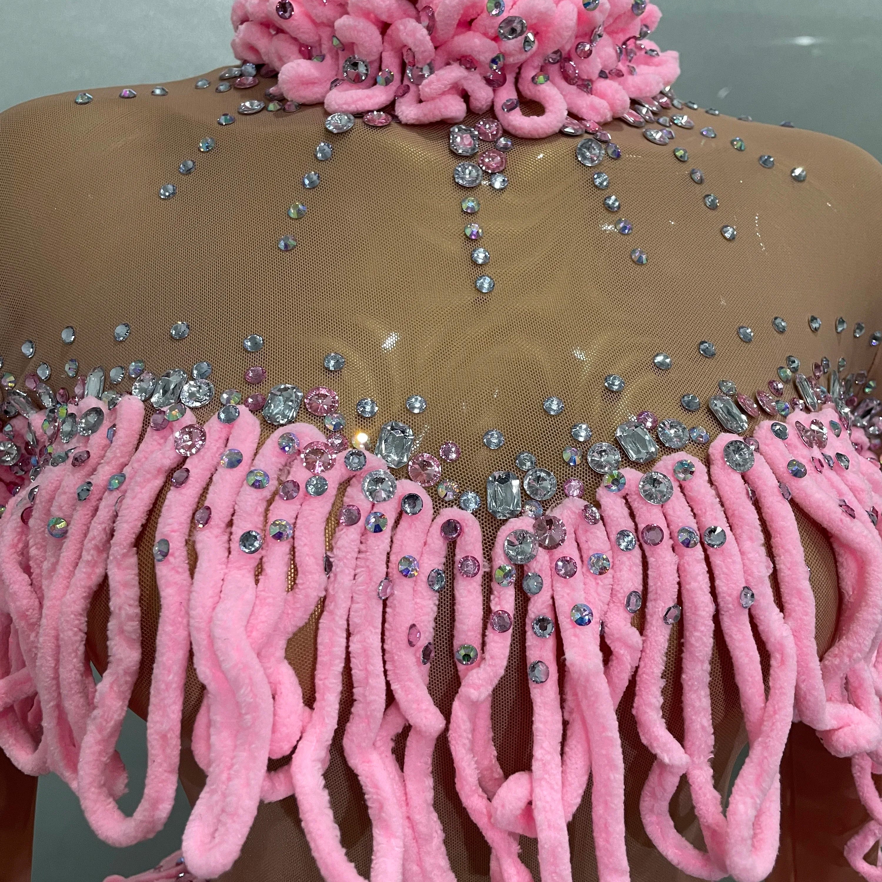 2025 New Women Shining Rhinestones Sexy Mesh Tassels Bodysuit Birthday Party Club Performance Dance DJ Leotard Show Stage Wear