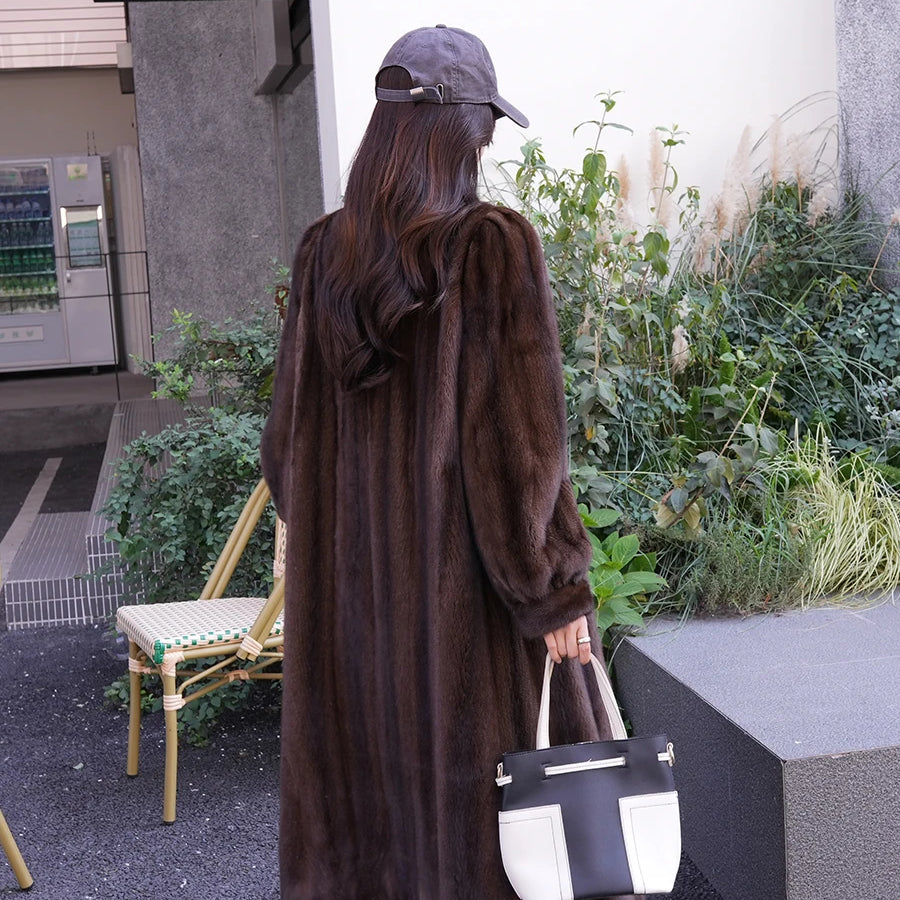 Lautaro Winter Long Luxury Elegant Stylish Thick Warm Fluffy Soft Brown Faux Mink Fur Coat Women Puff Sleeve Stand Collar 2025