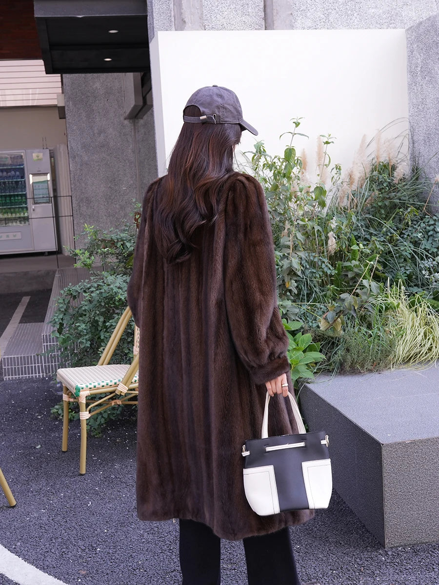 Lautaro Winter Long Luxury Elegant Stylish Thick Warm Fluffy Soft Brown Faux Mink Fur Coat Women Puff Sleeve Stand Collar 2025